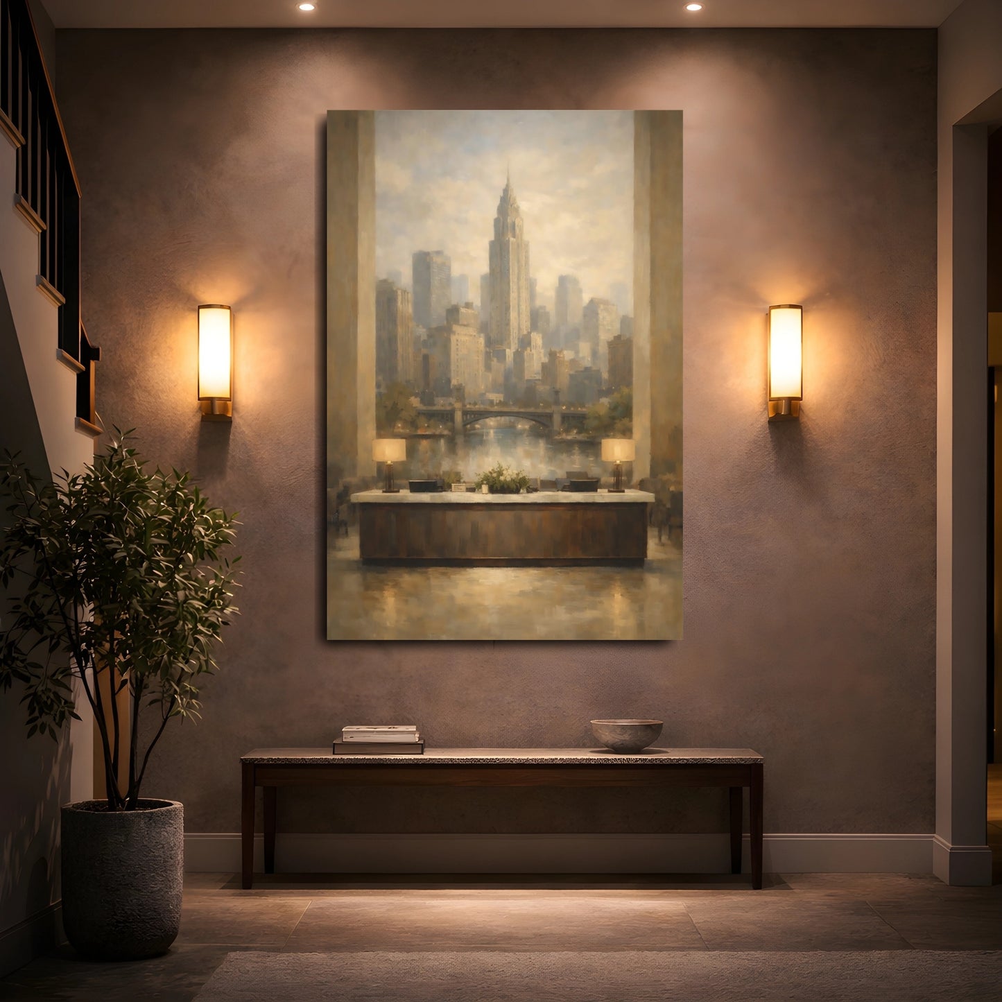 Mockup 4. Vintage City Skyline Brown Gold Cityscape shown as stretched canvas wall art