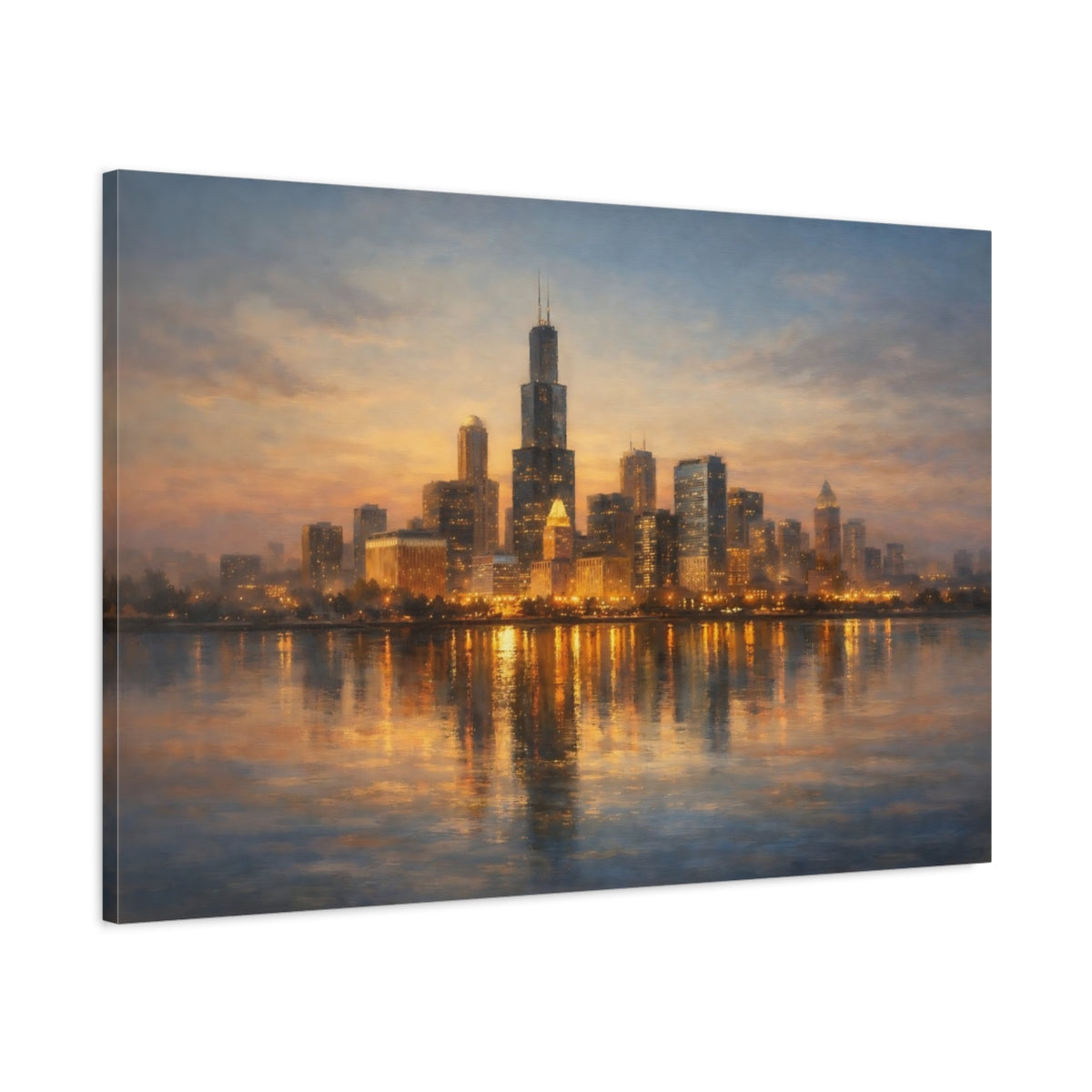 Side Mockup 1. Vintage City Skyline Dusk City Skyline shown as stretched canvas wall art