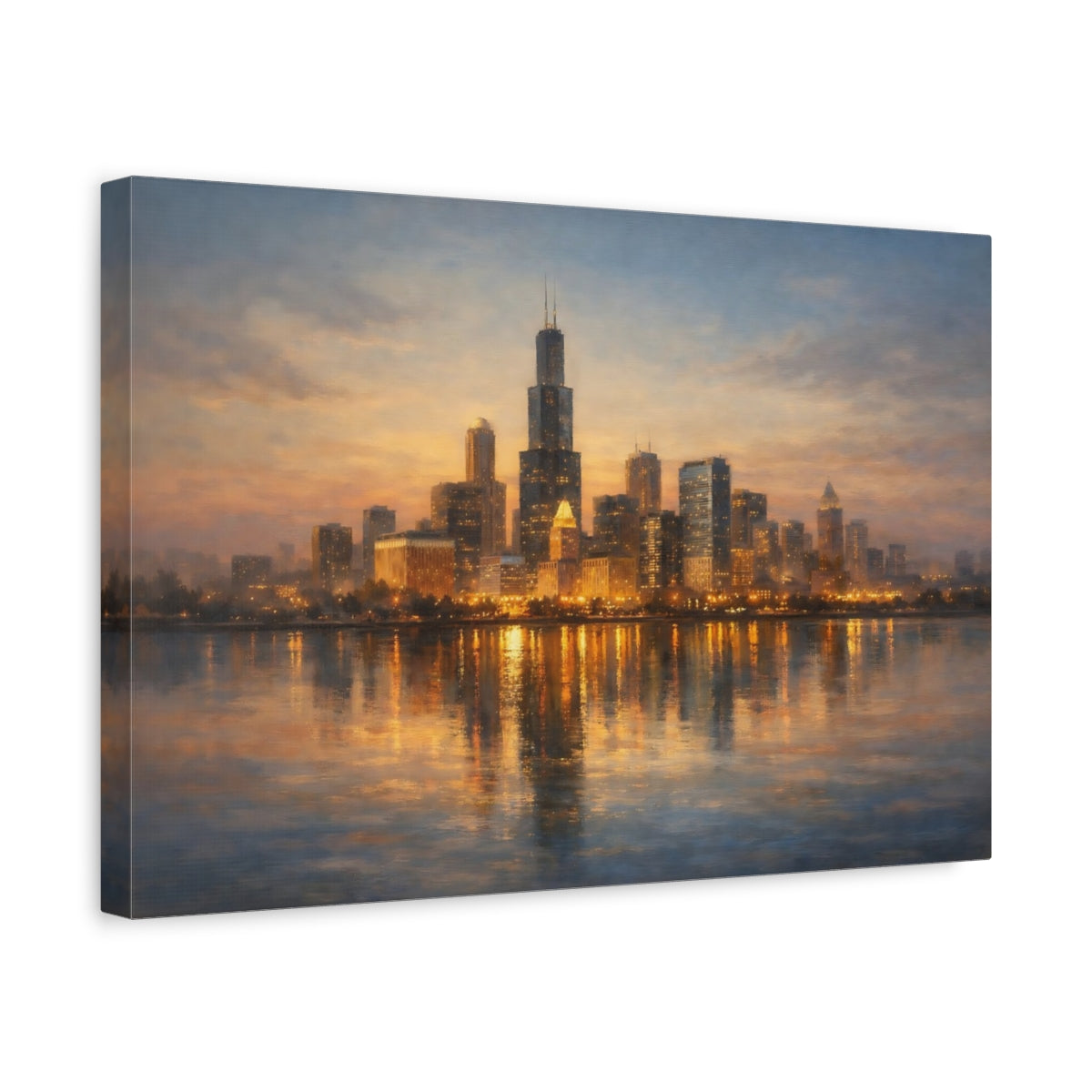 Side Mockup 4. Vintage City Skyline Dusk City Skyline shown as stretched canvas wall art