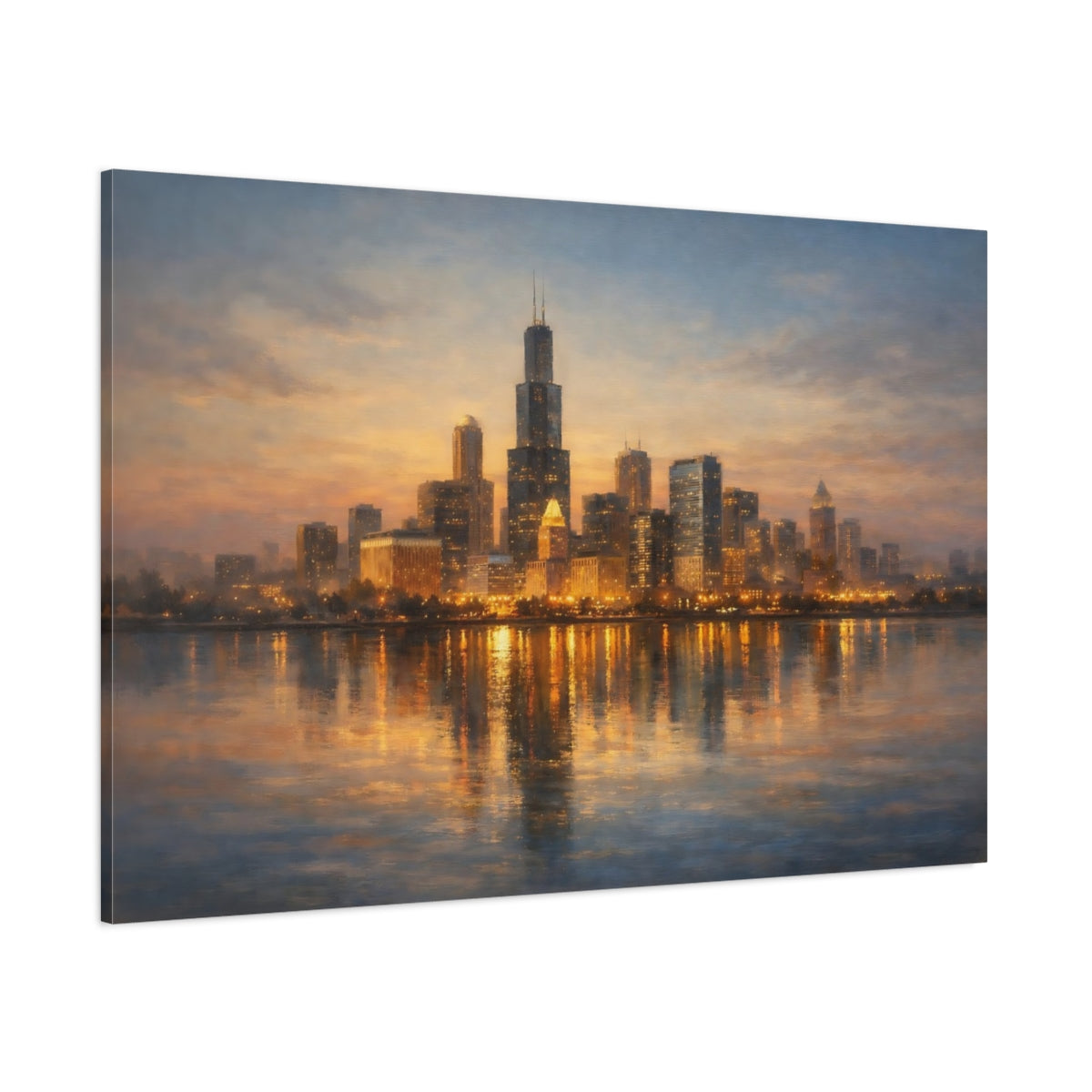 Main Mockup. Vintage City Skyline Dusk City Skyline shown as stretched canvas wall art