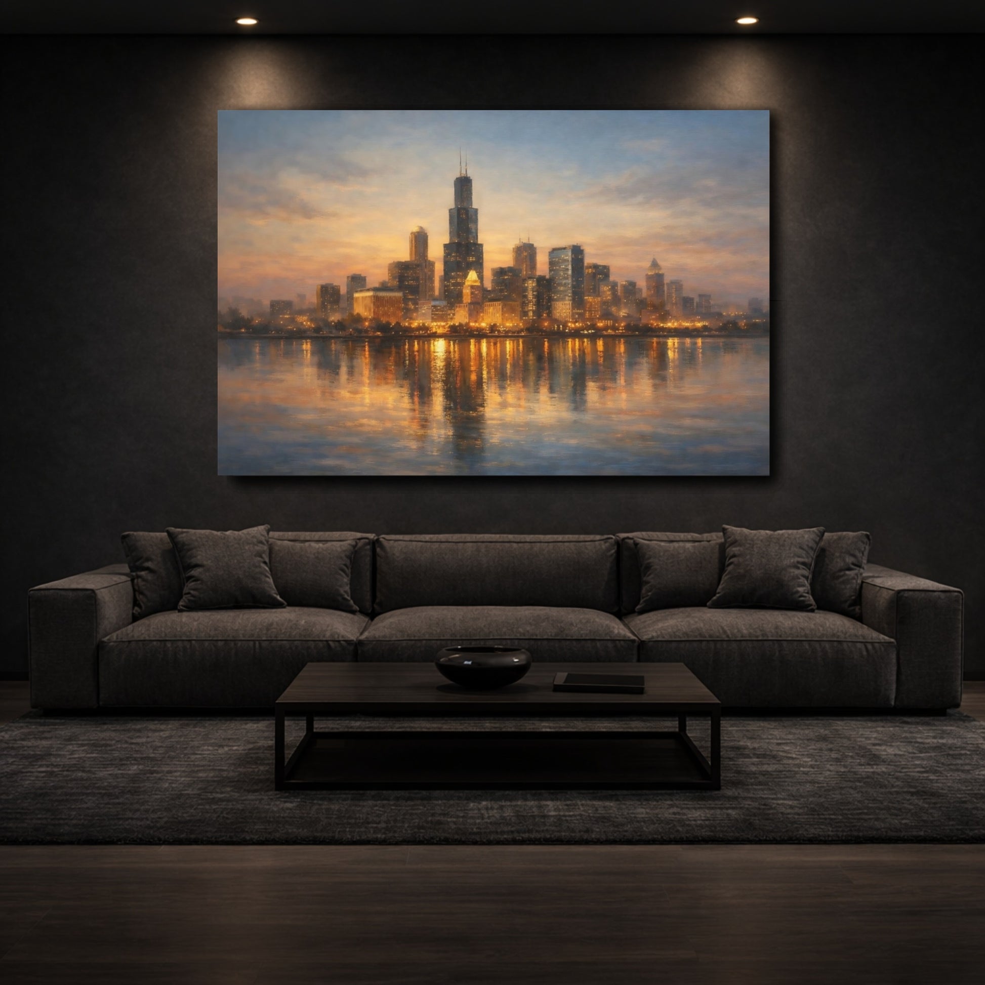 Mockup 2. Vintage City Skyline Dusk City Skyline shown as stretched canvas wall art