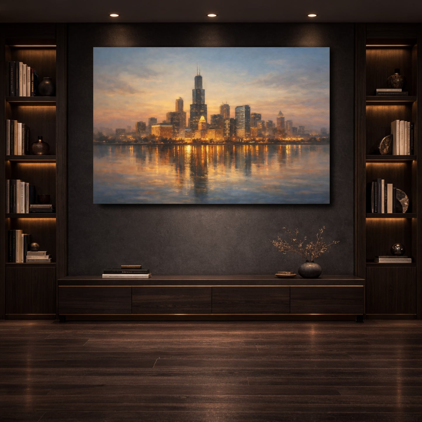 Mockup 3. Vintage City Skyline Dusk City Skyline shown as stretched canvas wall art