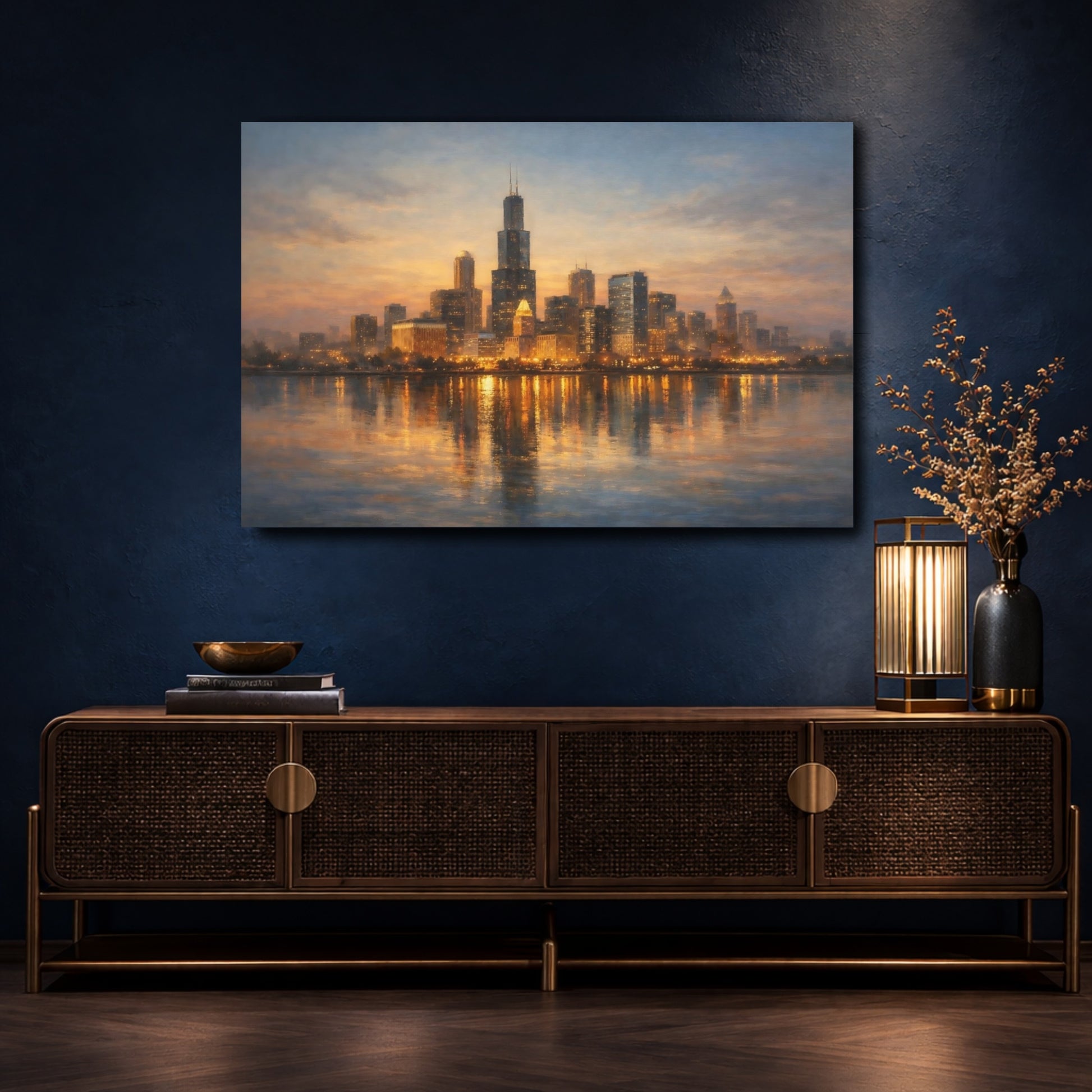 Mockup 4. Vintage City Skyline Dusk City Skyline shown as stretched canvas wall art