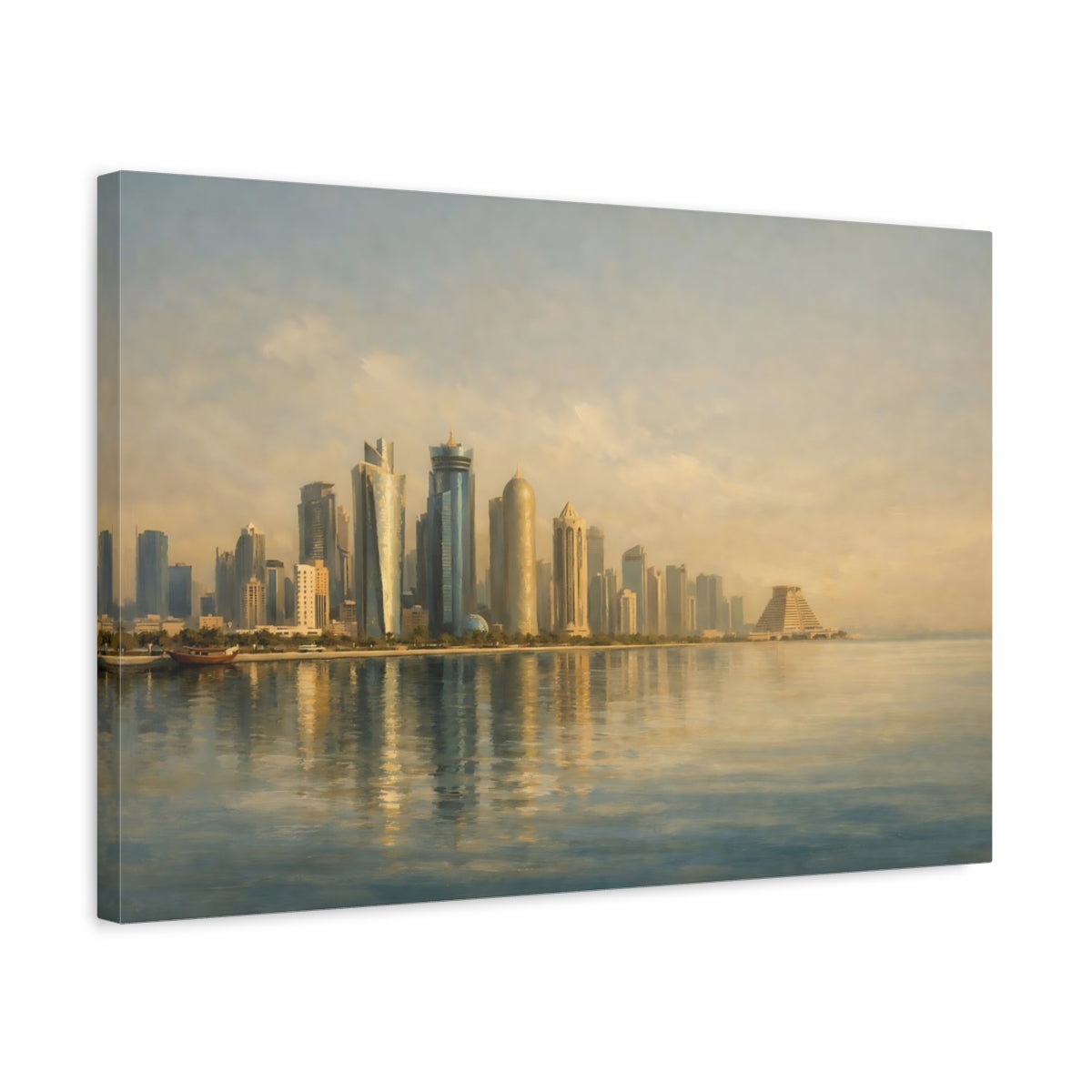 Side Mockup 3. Vintage City Skyline Golden Skyline shown as stretched canvas wall art