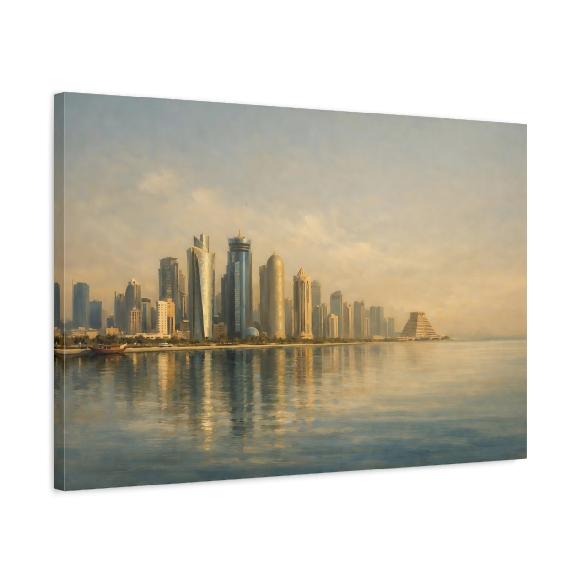 Side Mockup 2. Vintage City Skyline Golden Skyline shown as stretched canvas wall art