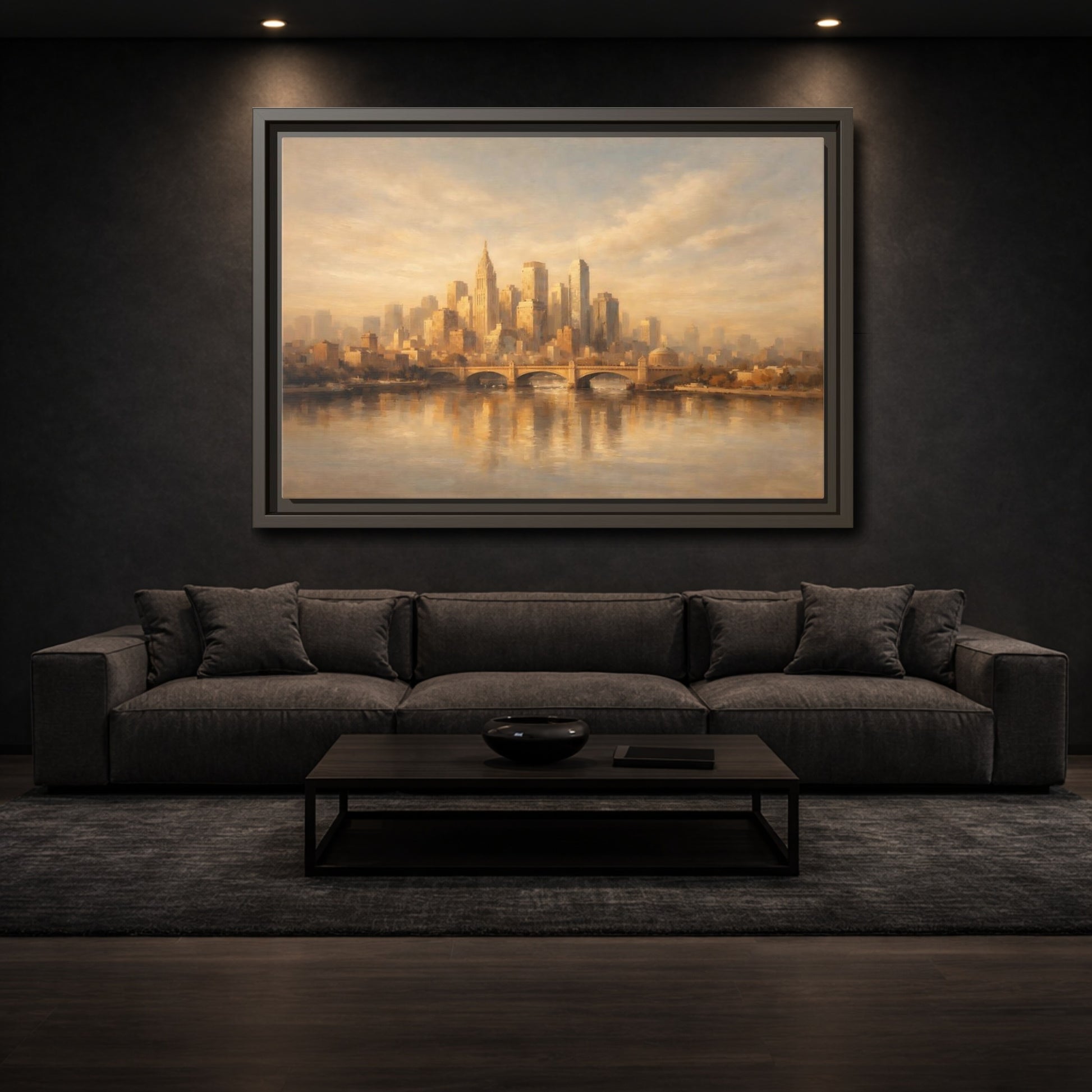 Mockup 2. Vintage City Skyline Golden City Skyline shown as stretched canvas wall art