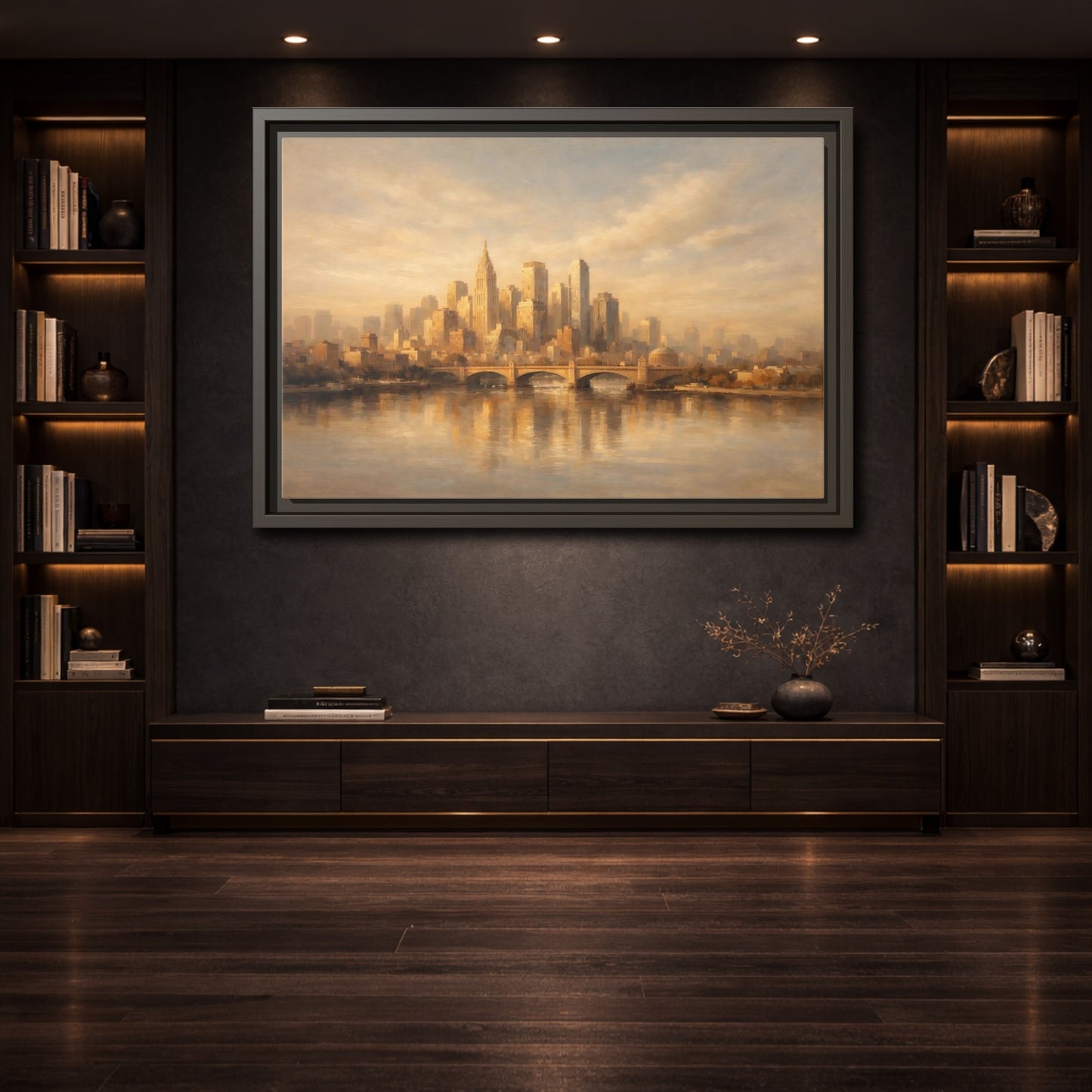 Mockup 3. Vintage City Skyline Golden City Skyline shown as stretched canvas wall art