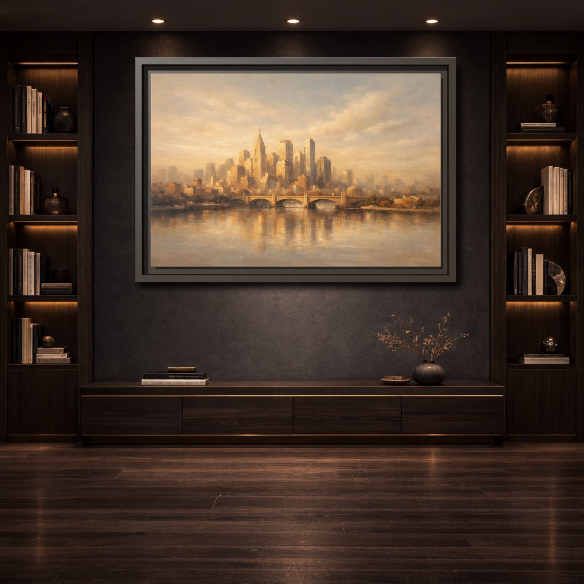 Mockup 3. Vintage City Skyline Golden City Skyline shown as stretched canvas wall art