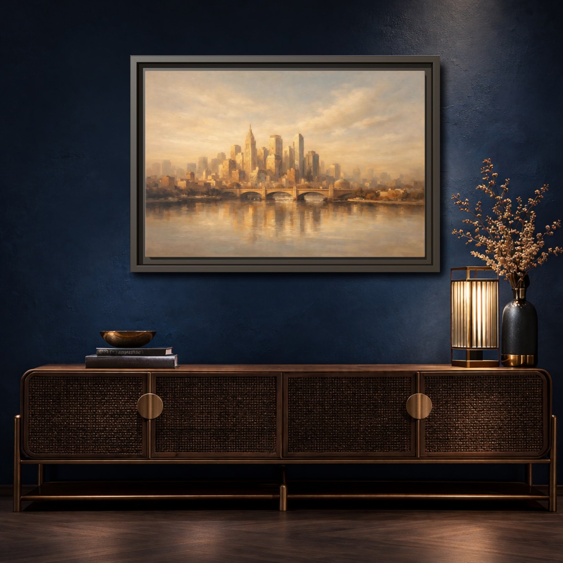 Mockup 4. Vintage City Skyline Golden City Skyline shown as stretched canvas wall art