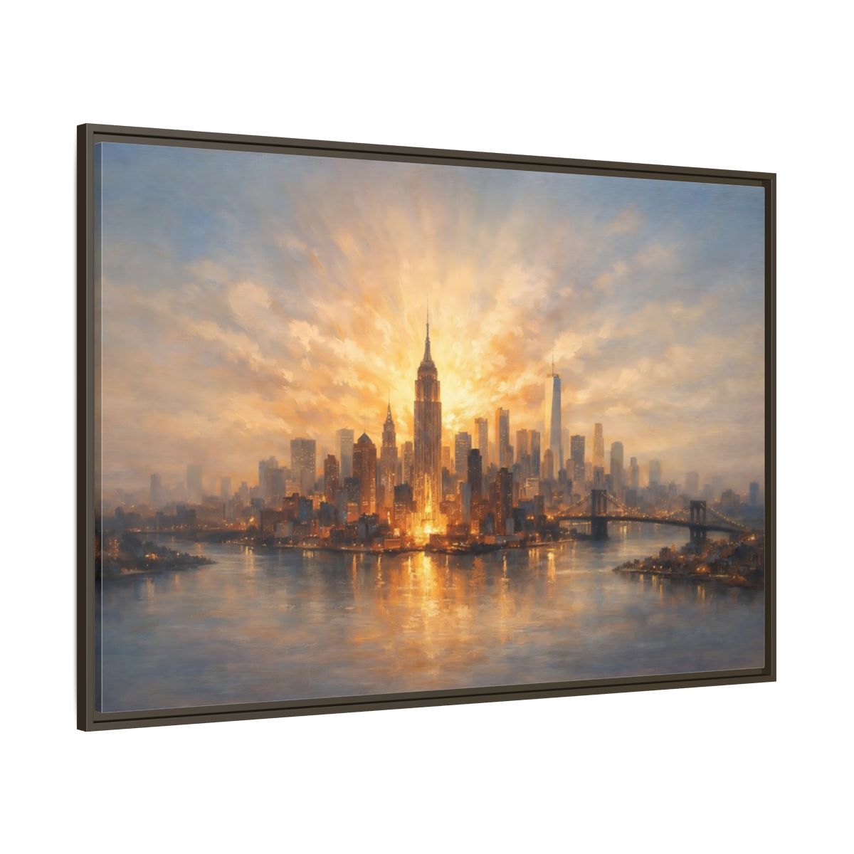 Main Mockup. Vintage City Skyline Golden Cityscape shown as stretched canvas wall art