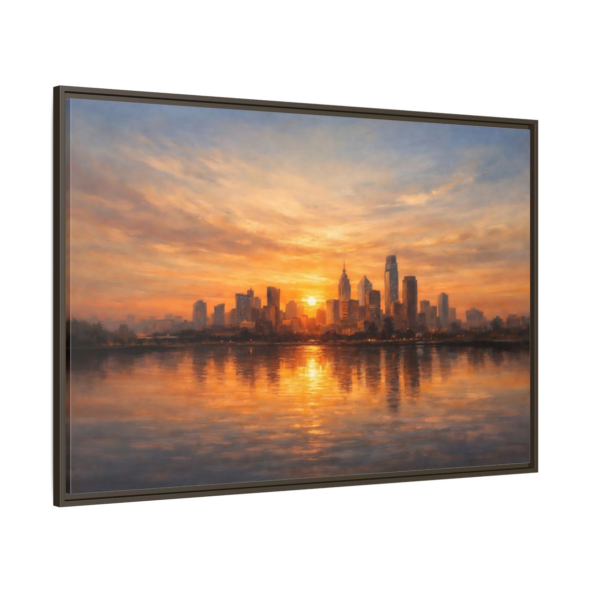 Main Mockup. Vintage City Skyline Golden Cityscape shown as stretched canvas wall art