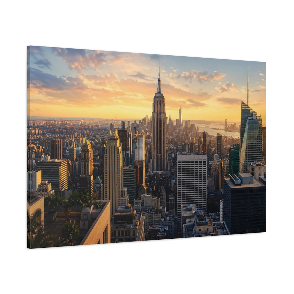 Side Mockup 1. Vintage City Skyline Golden Cityscape shown as stretched canvas wall art
