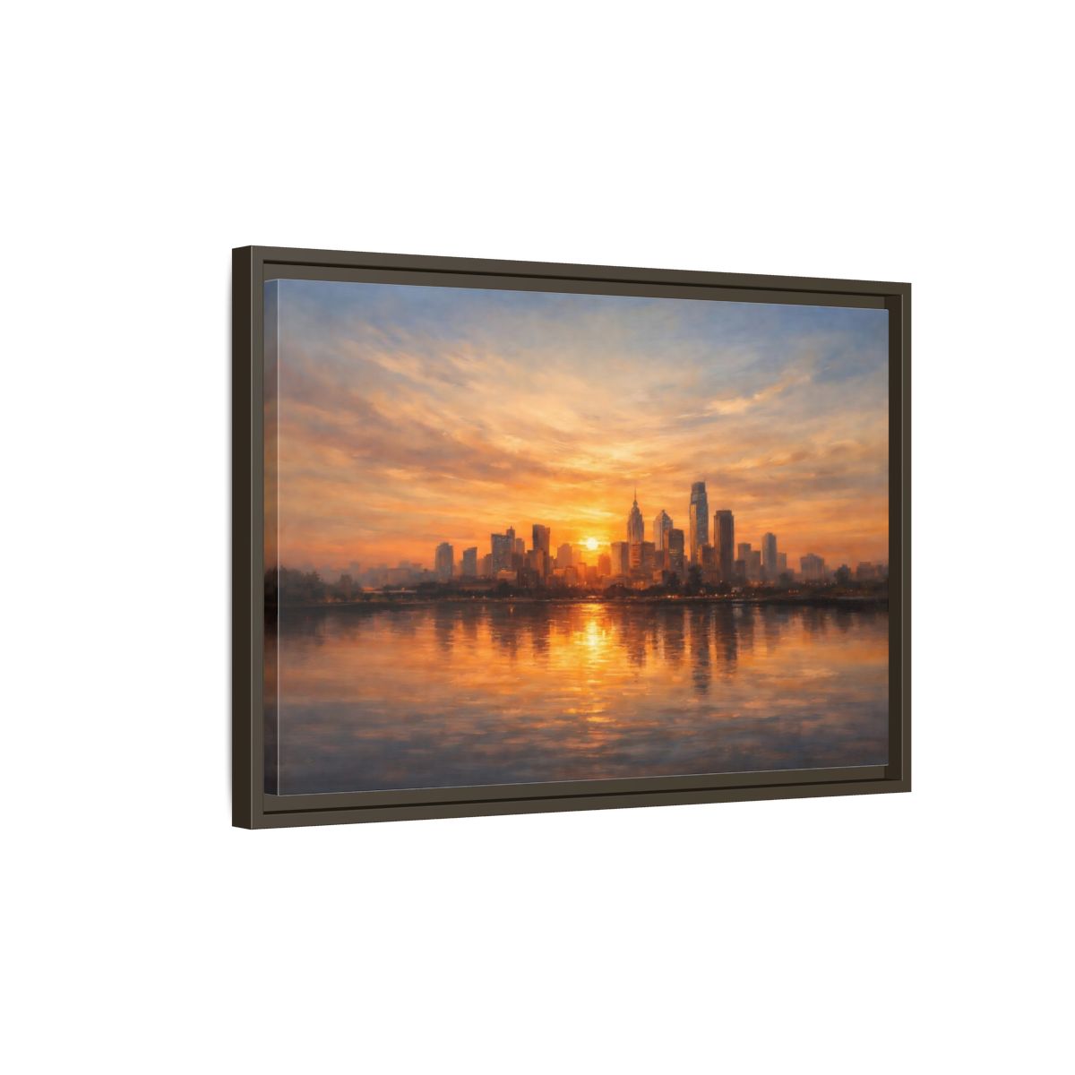 Side Mockup 2. Vintage City Skyline Golden Cityscape shown as stretched canvas wall art