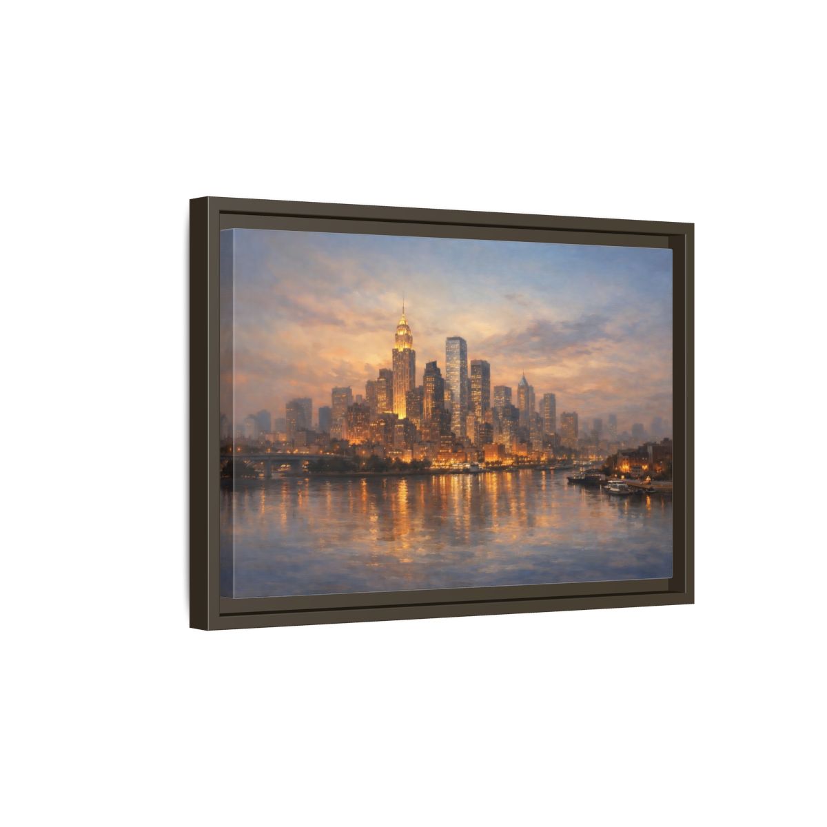 Side Mockup 5. Vintage City Skyline Golden Cityscape shown as stretched canvas wall art