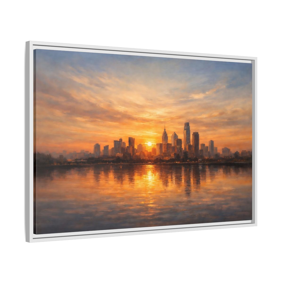 Side Mockup 8. Vintage City Skyline Golden Cityscape shown as stretched canvas wall art