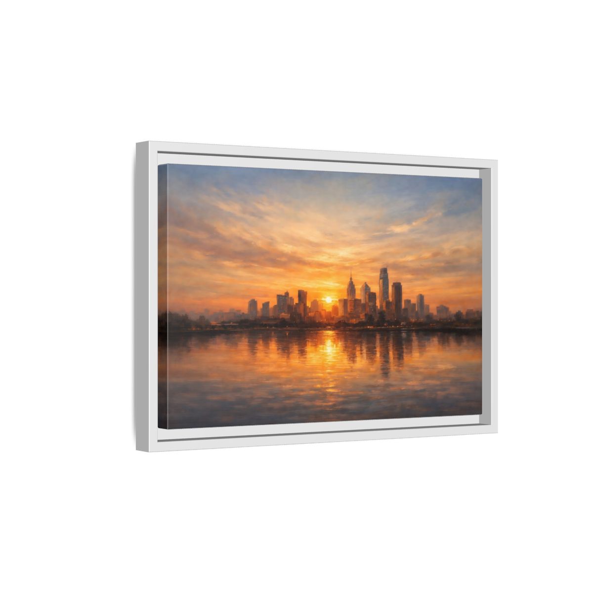 Side Mockup 4. Vintage City Skyline Golden Cityscape shown as stretched canvas wall art