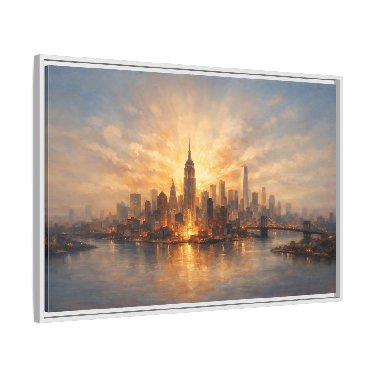 Side Mockup 8. Vintage City Skyline Golden Cityscape shown as stretched canvas wall art