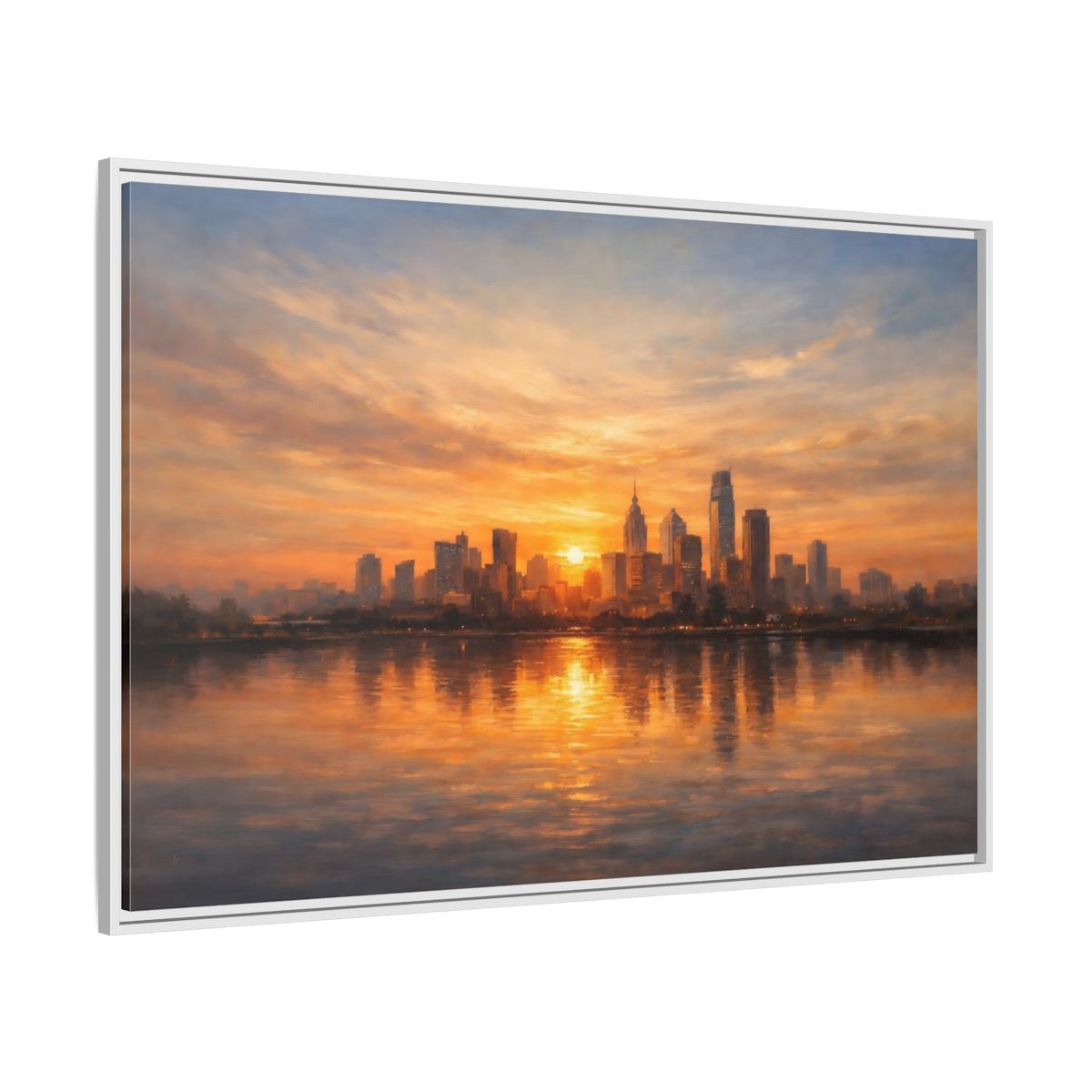 Side Mockup 7. Vintage City Skyline Golden Cityscape shown as stretched canvas wall art