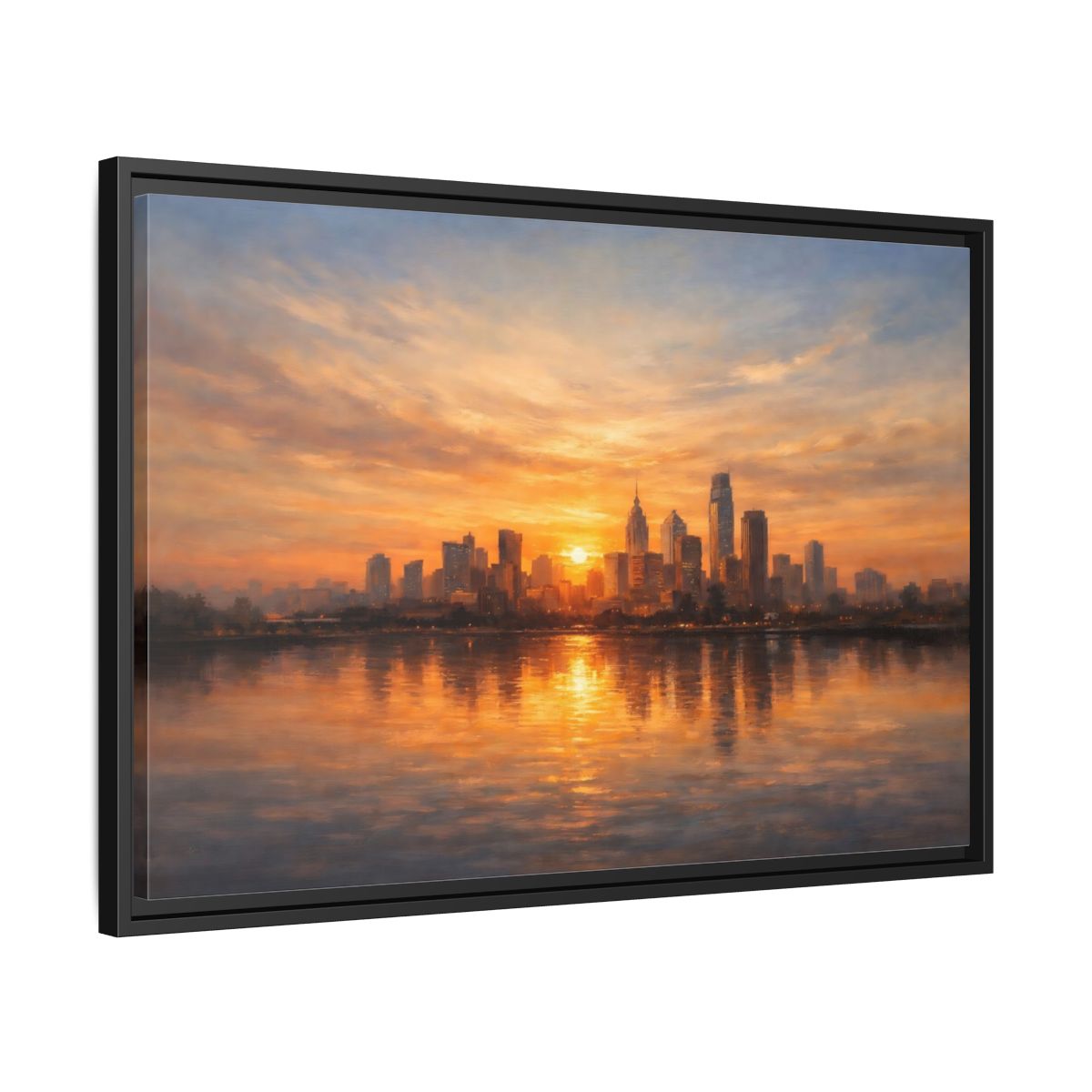 Side Mockup 14. Vintage City Skyline Golden Cityscape shown as stretched canvas wall art