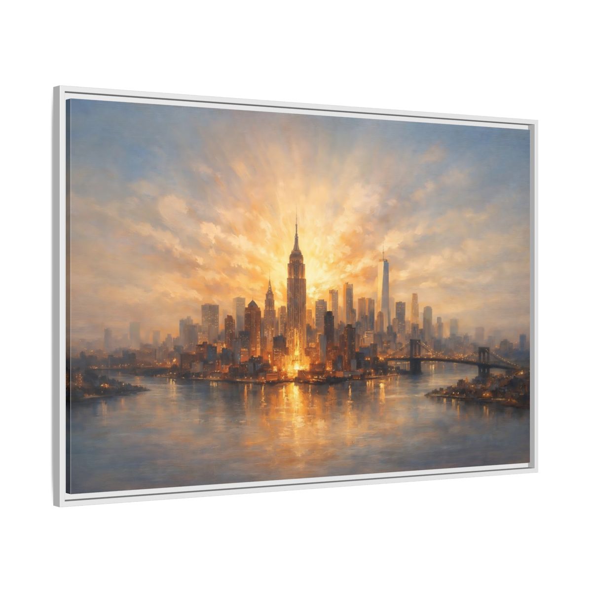 Side Mockup 7. Vintage City Skyline Golden Cityscape shown as stretched canvas wall art