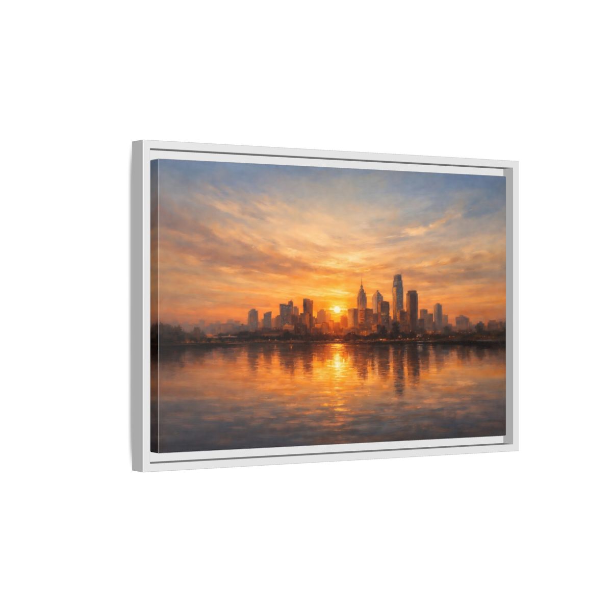 Side Mockup 1. Vintage City Skyline Golden Cityscape shown as stretched canvas wall art