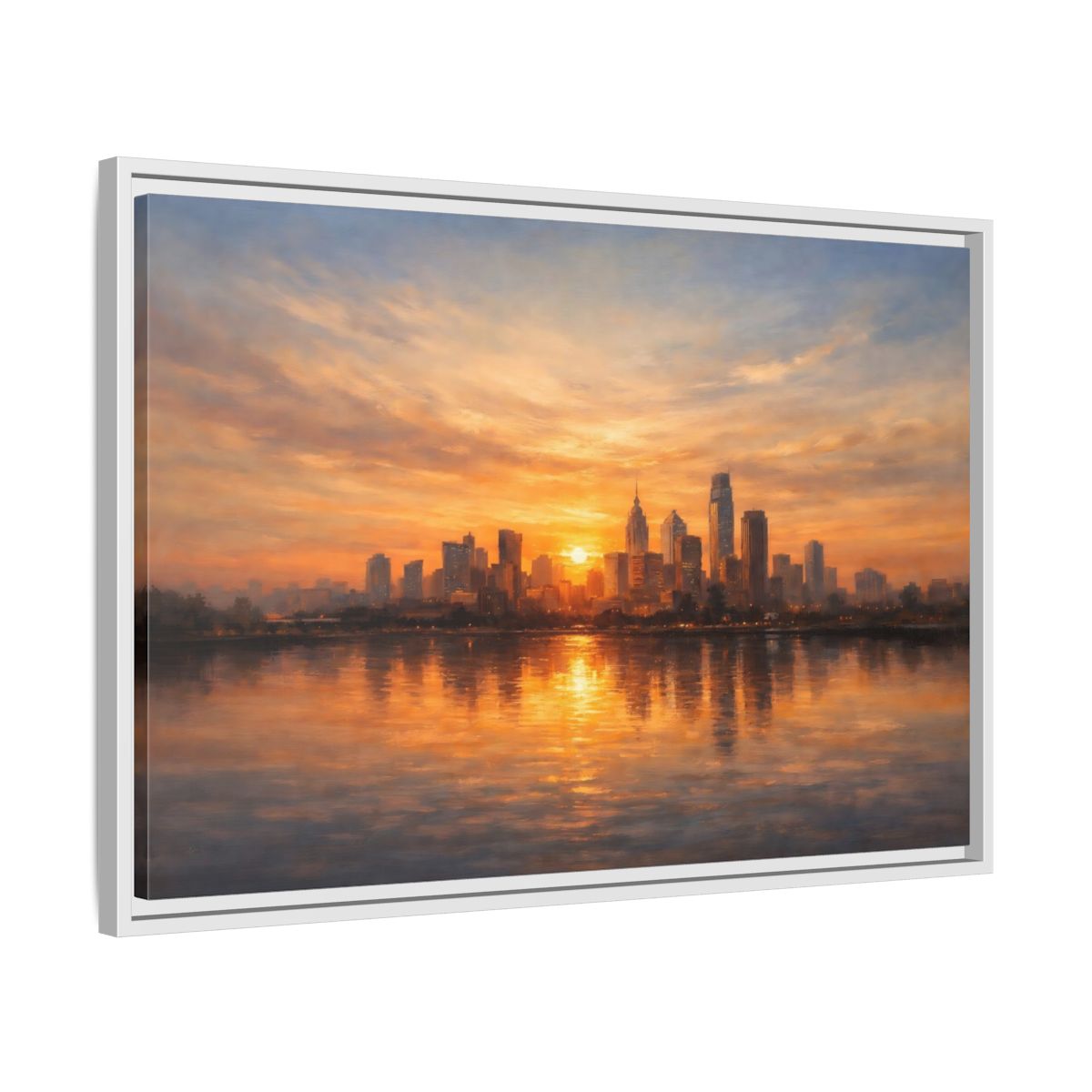 Side Mockup 10. Vintage City Skyline Golden Cityscape shown as stretched canvas wall art