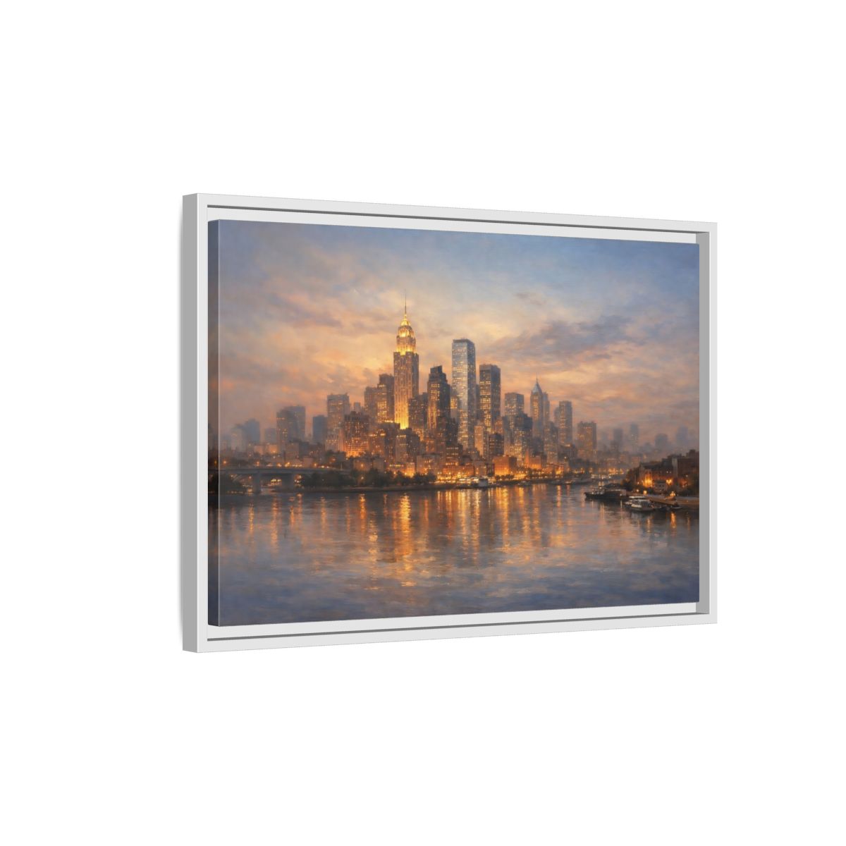 Side Mockup 1. Vintage City Skyline Golden Cityscape shown as stretched canvas wall art