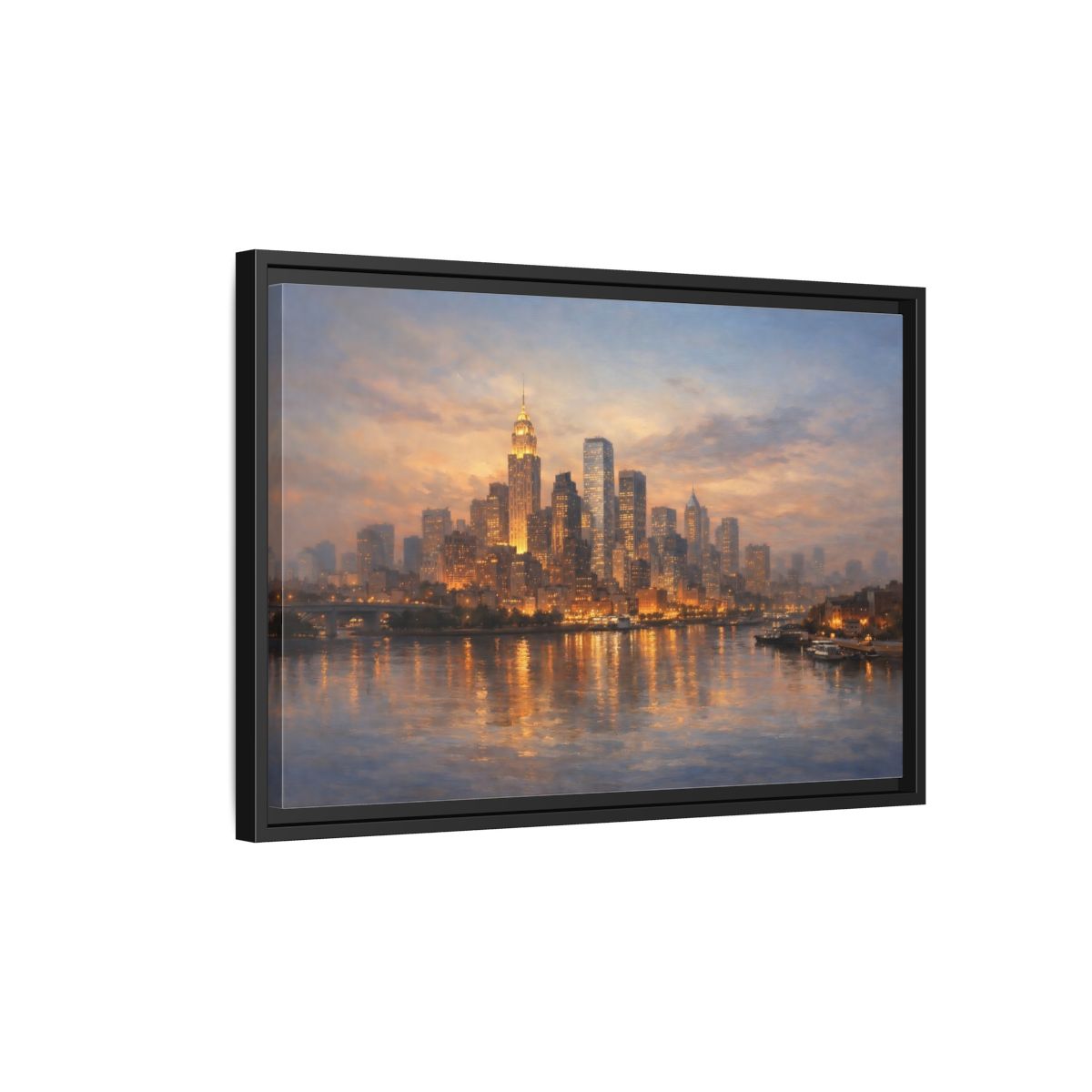 Side Mockup 3. Vintage City Skyline Golden Cityscape shown as stretched canvas wall art