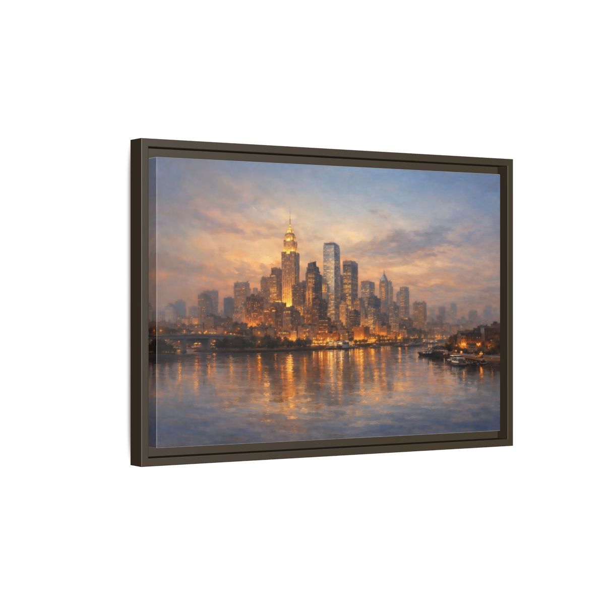 Side Mockup 2. Vintage City Skyline Golden Cityscape shown as stretched canvas wall art