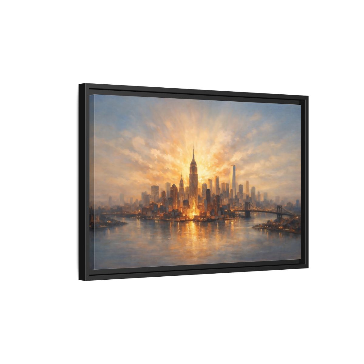 Side Mockup 3. Vintage City Skyline Golden Cityscape shown as stretched canvas wall art
