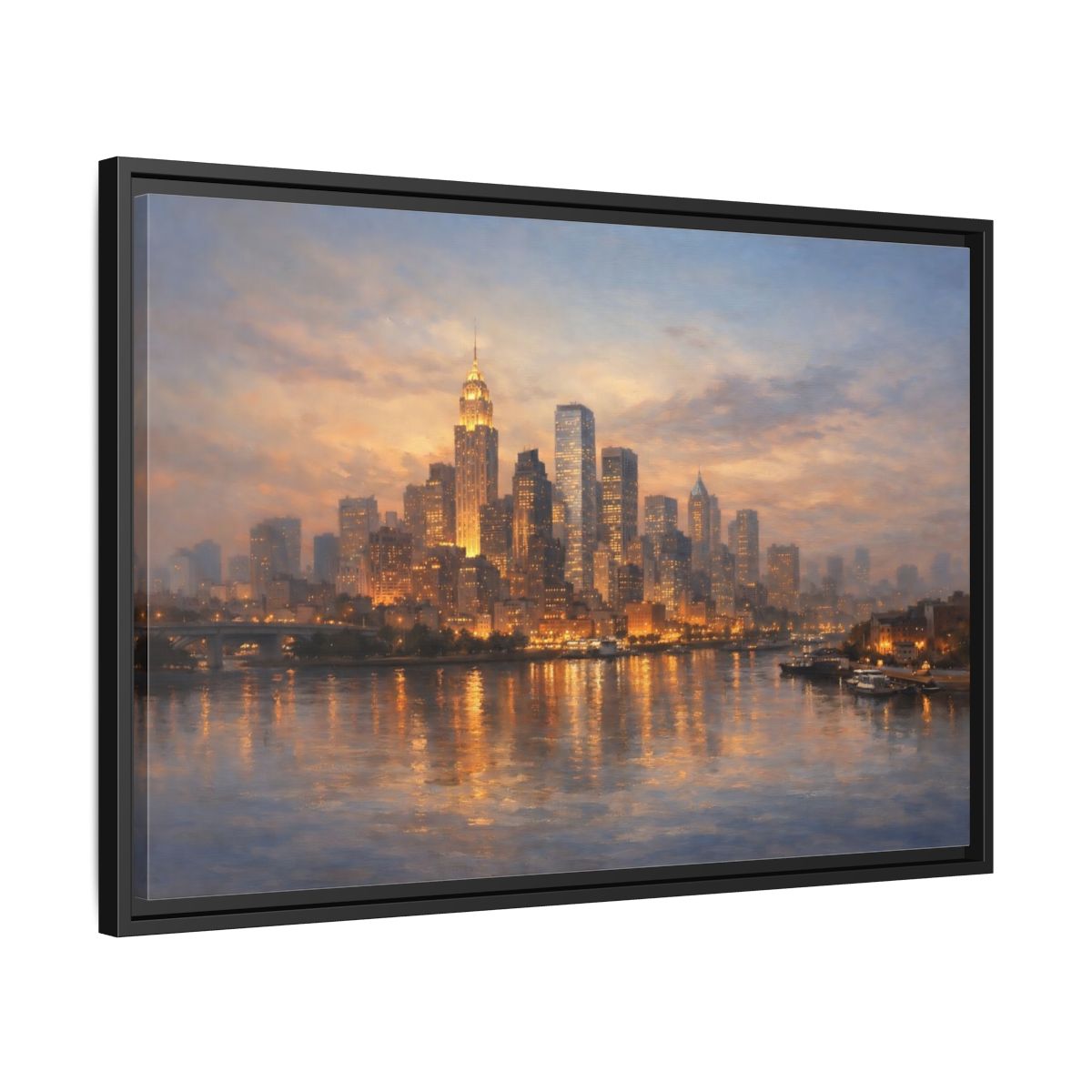 Side Mockup 14. Vintage City Skyline Golden Cityscape shown as stretched canvas wall art