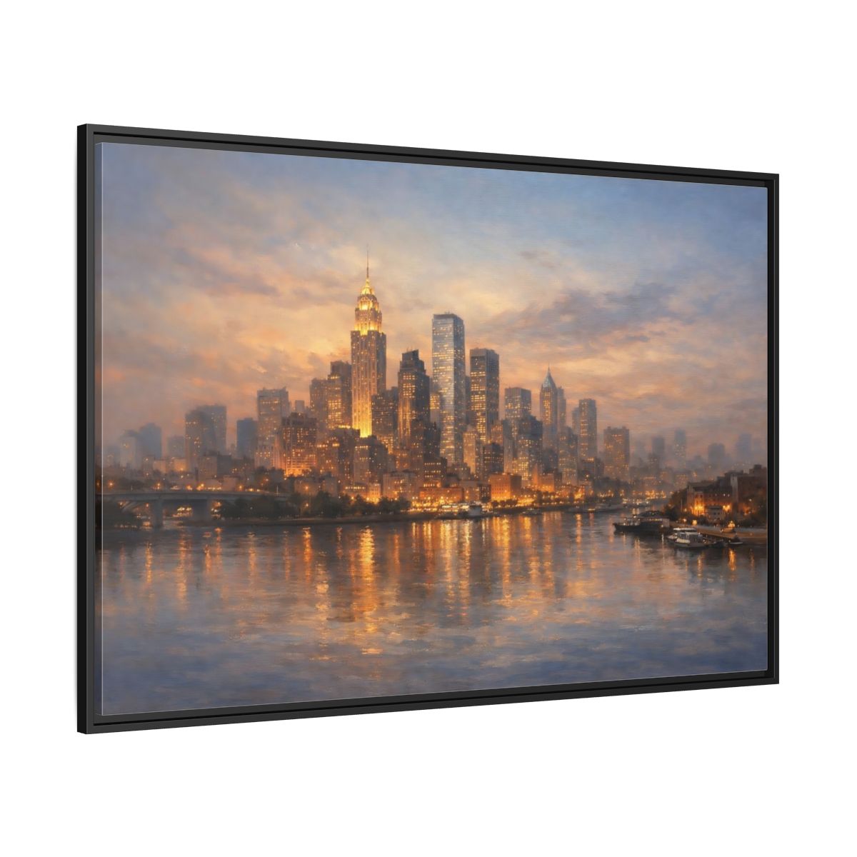 Side Mockup 12. Vintage City Skyline Golden Cityscape shown as stretched canvas wall art