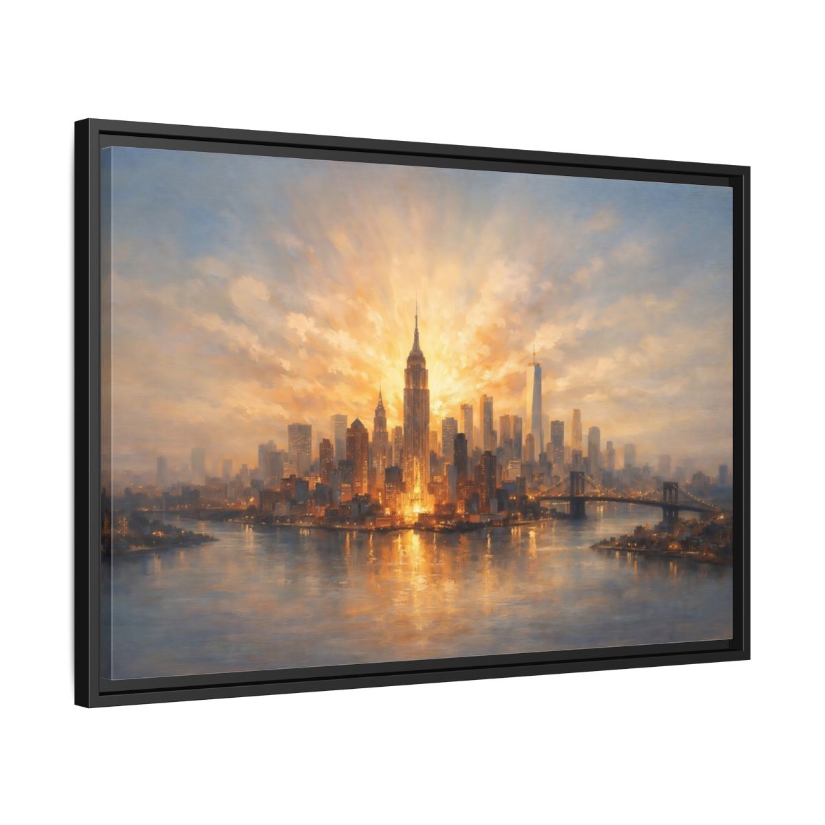Side Mockup 14. Vintage City Skyline Golden Cityscape shown as stretched canvas wall art