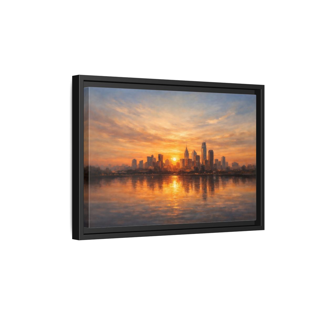 Side Mockup 6. Vintage City Skyline Golden Cityscape shown as stretched canvas wall art