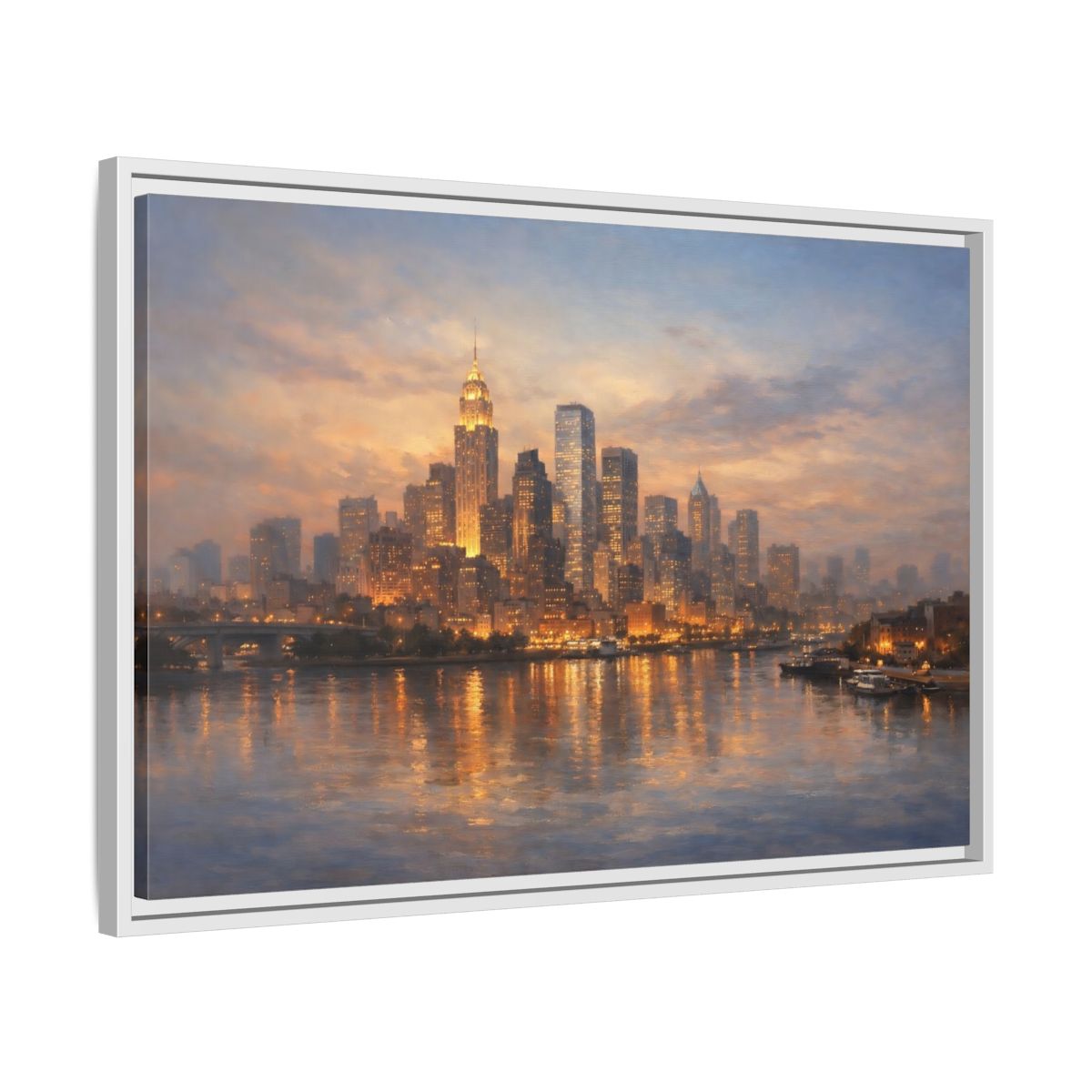 Side Mockup 10. Vintage City Skyline Golden Cityscape shown as stretched canvas wall art