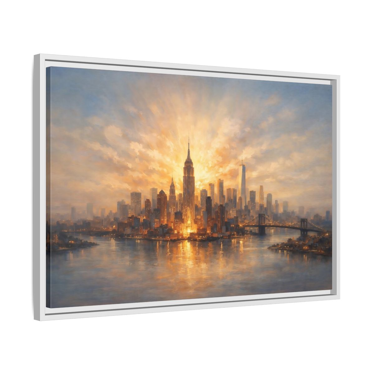 Side Mockup 10. Vintage City Skyline Golden Cityscape shown as stretched canvas wall art