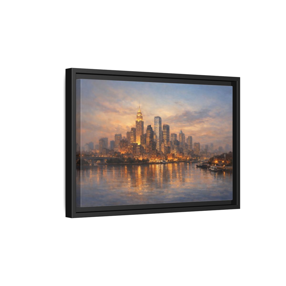 Side Mockup 6. Vintage City Skyline Golden Cityscape shown as stretched canvas wall art