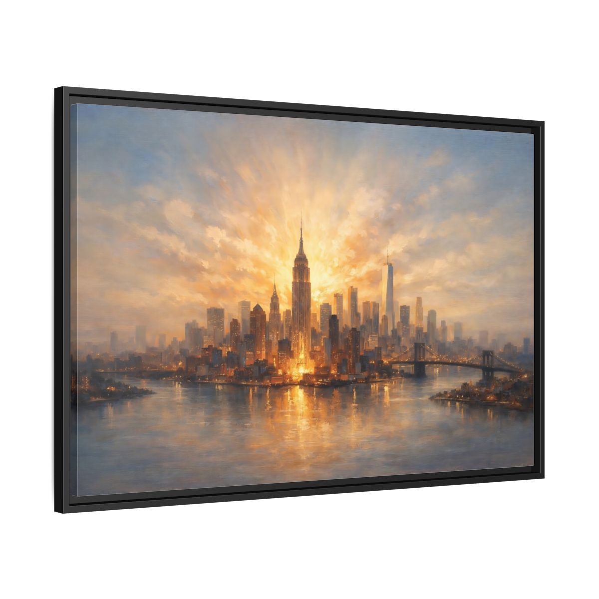 Side Mockup 13. Vintage City Skyline Golden Cityscape shown as stretched canvas wall art