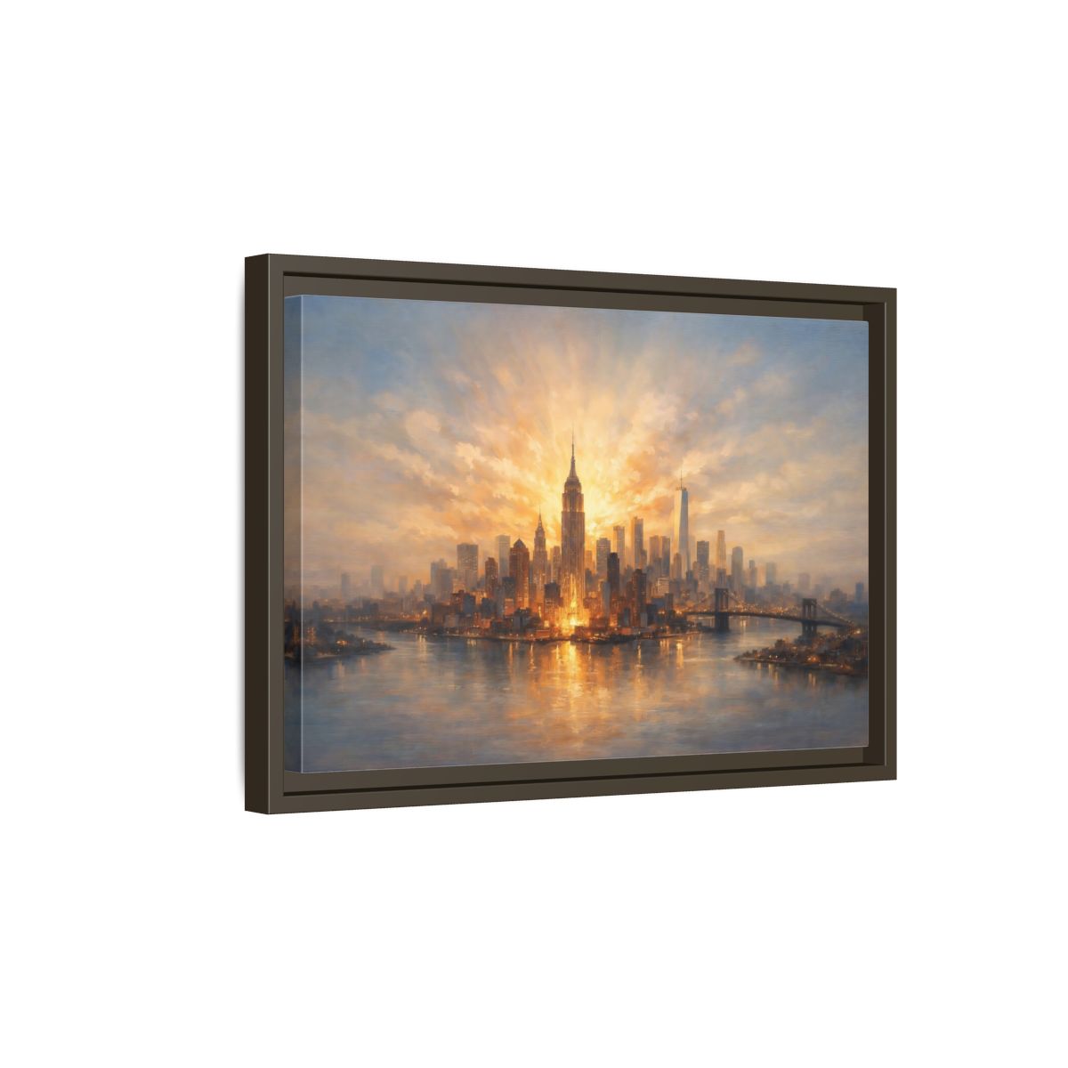 Side Mockup 5. Vintage City Skyline Golden Cityscape shown as stretched canvas wall art