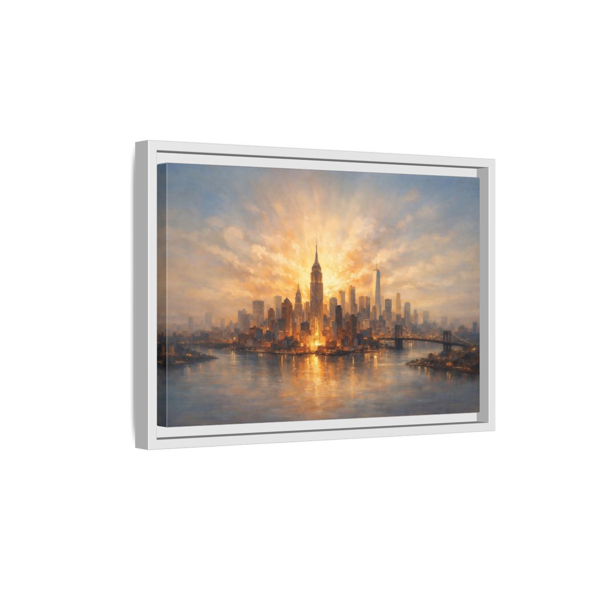 Side Mockup 4. Vintage City Skyline Golden Cityscape shown as stretched canvas wall art