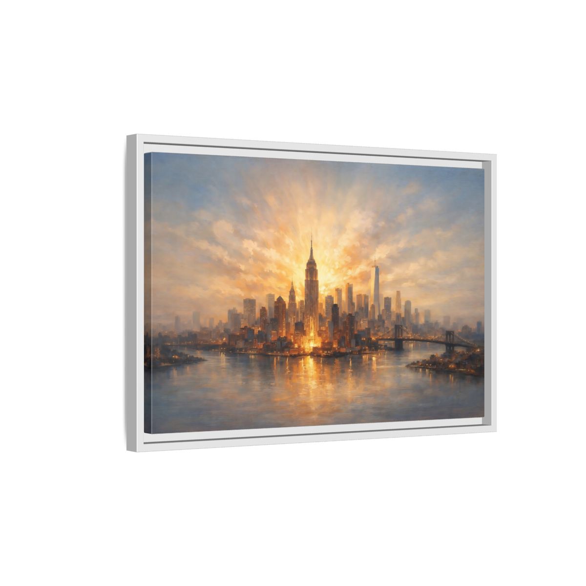 Side Mockup 1. Vintage City Skyline Golden Cityscape shown as stretched canvas wall art