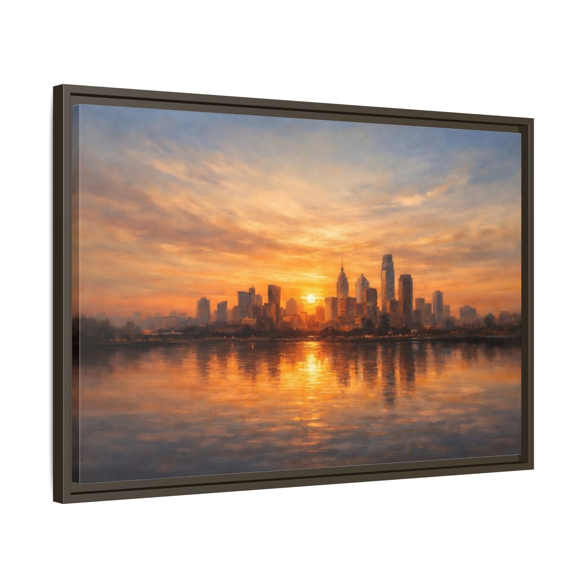Side Mockup 11. Vintage City Skyline Golden Cityscape shown as stretched canvas wall art