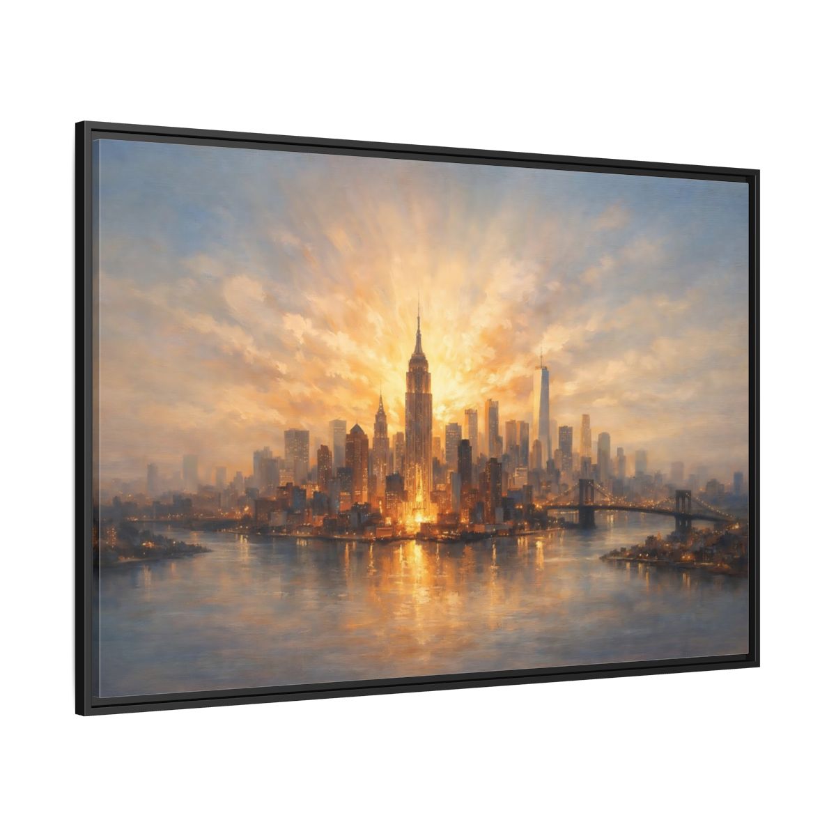 Side Mockup 12. Vintage City Skyline Golden Cityscape shown as stretched canvas wall art