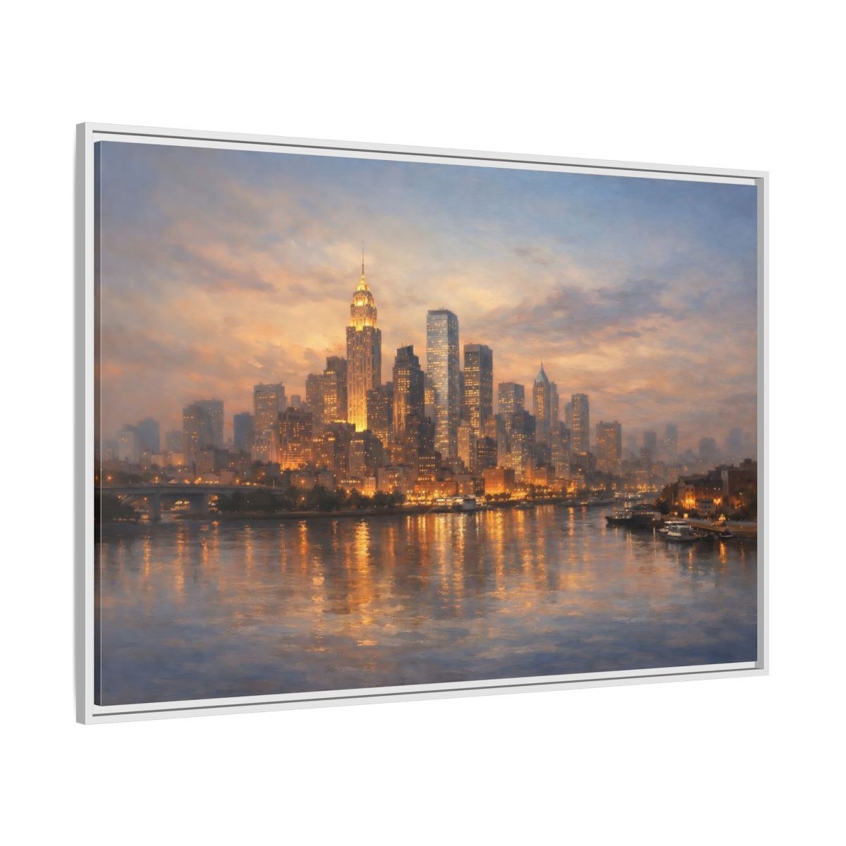 Side Mockup 7. Vintage City Skyline Golden Cityscape shown as stretched canvas wall art