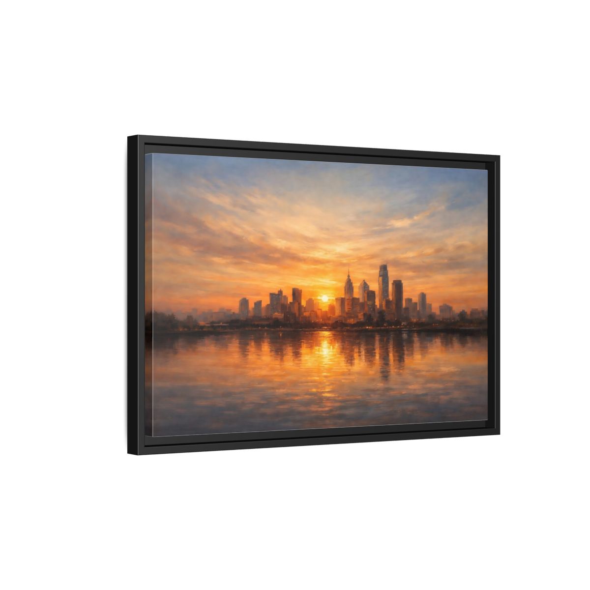 Side Mockup 3. Vintage City Skyline Golden Cityscape shown as stretched canvas wall art