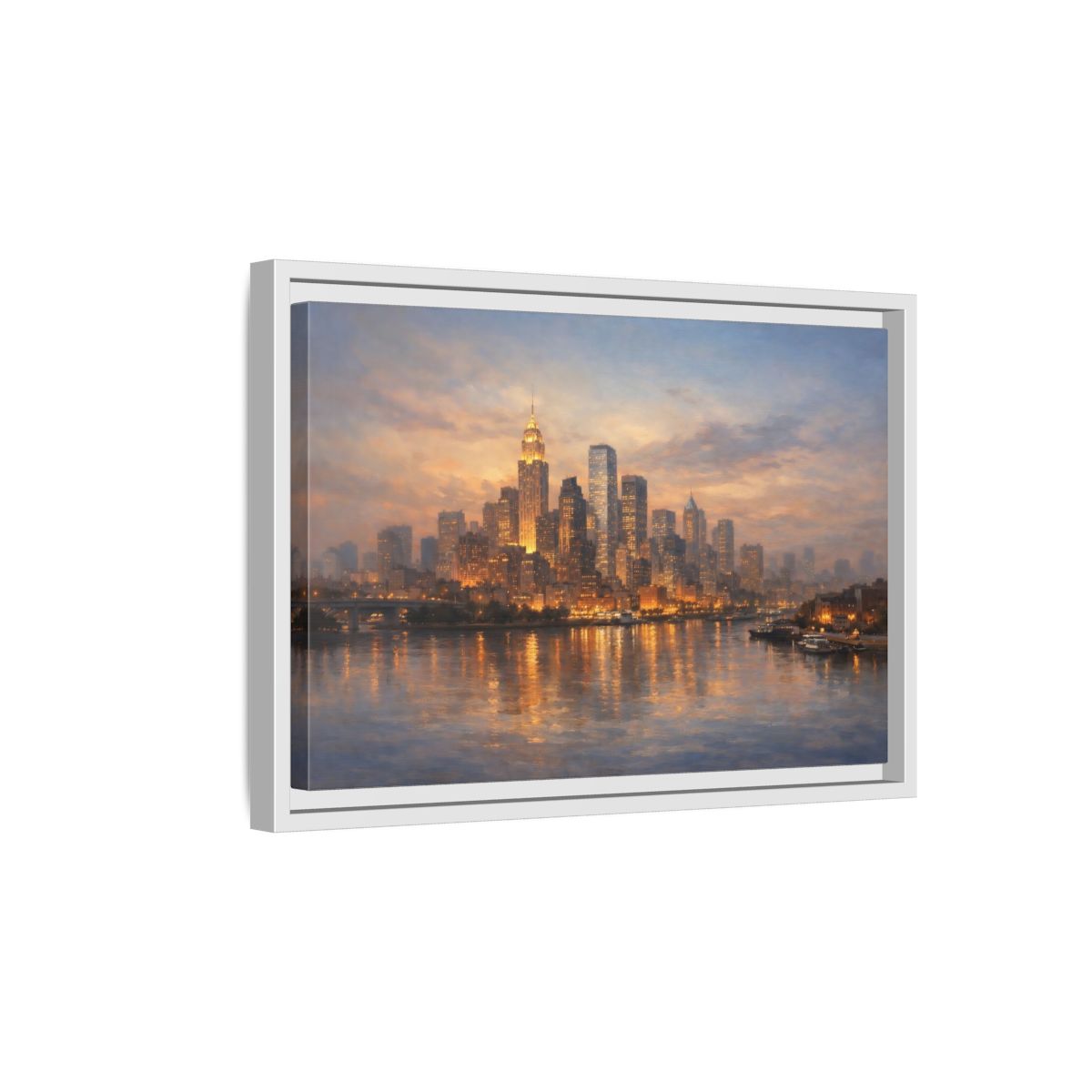 Side Mockup 4. Vintage City Skyline Golden Cityscape shown as stretched canvas wall art