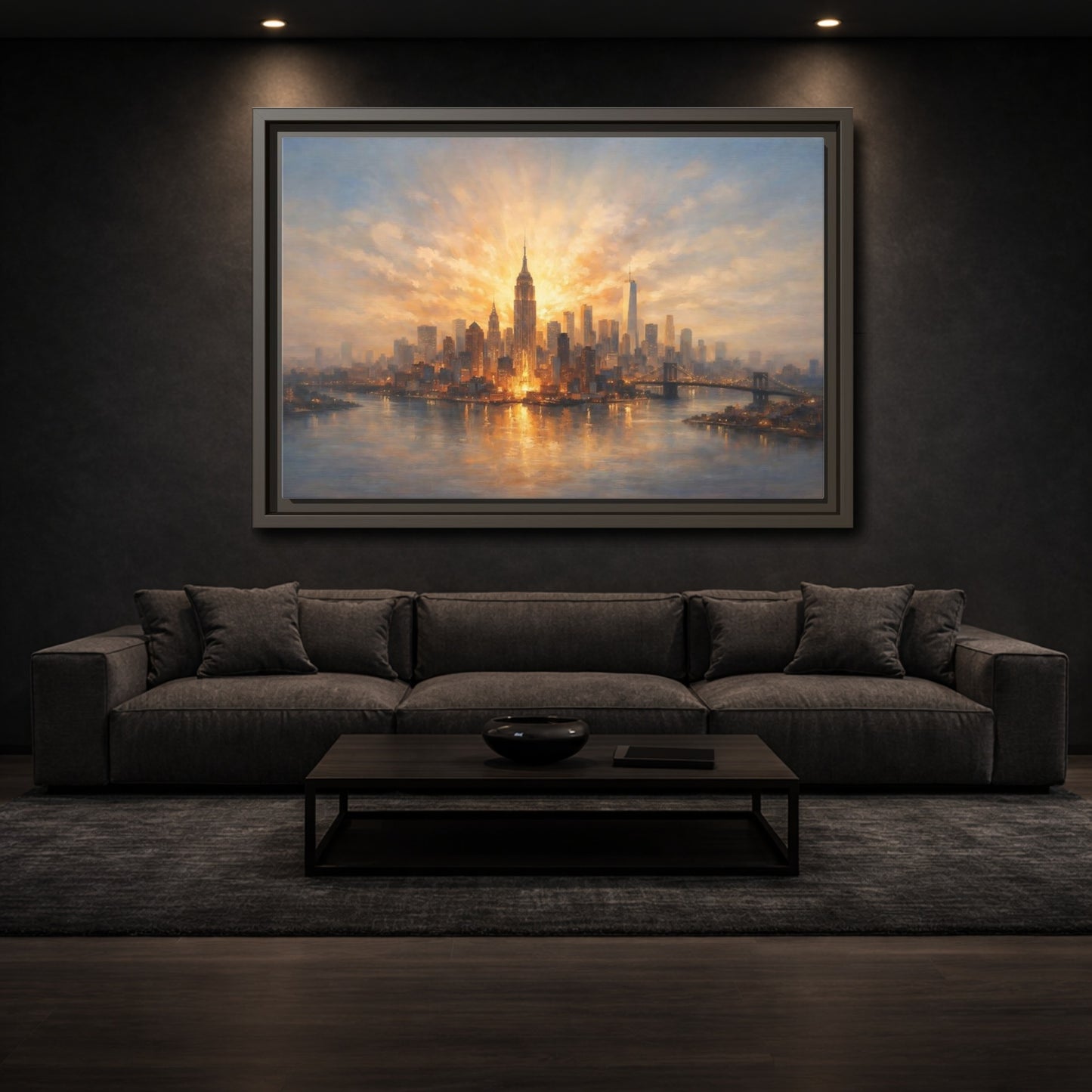 Mockup 2. Vintage City Skyline Golden Cityscape shown as stretched canvas wall art