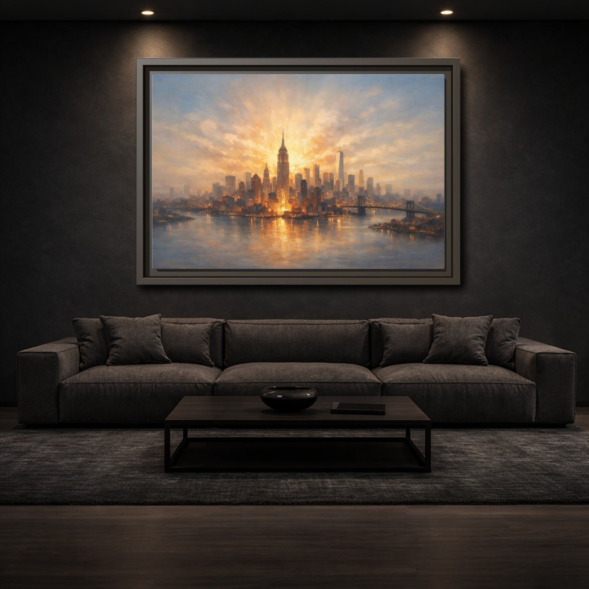 Mockup 2. Vintage City Skyline Golden Cityscape shown as stretched canvas wall art
