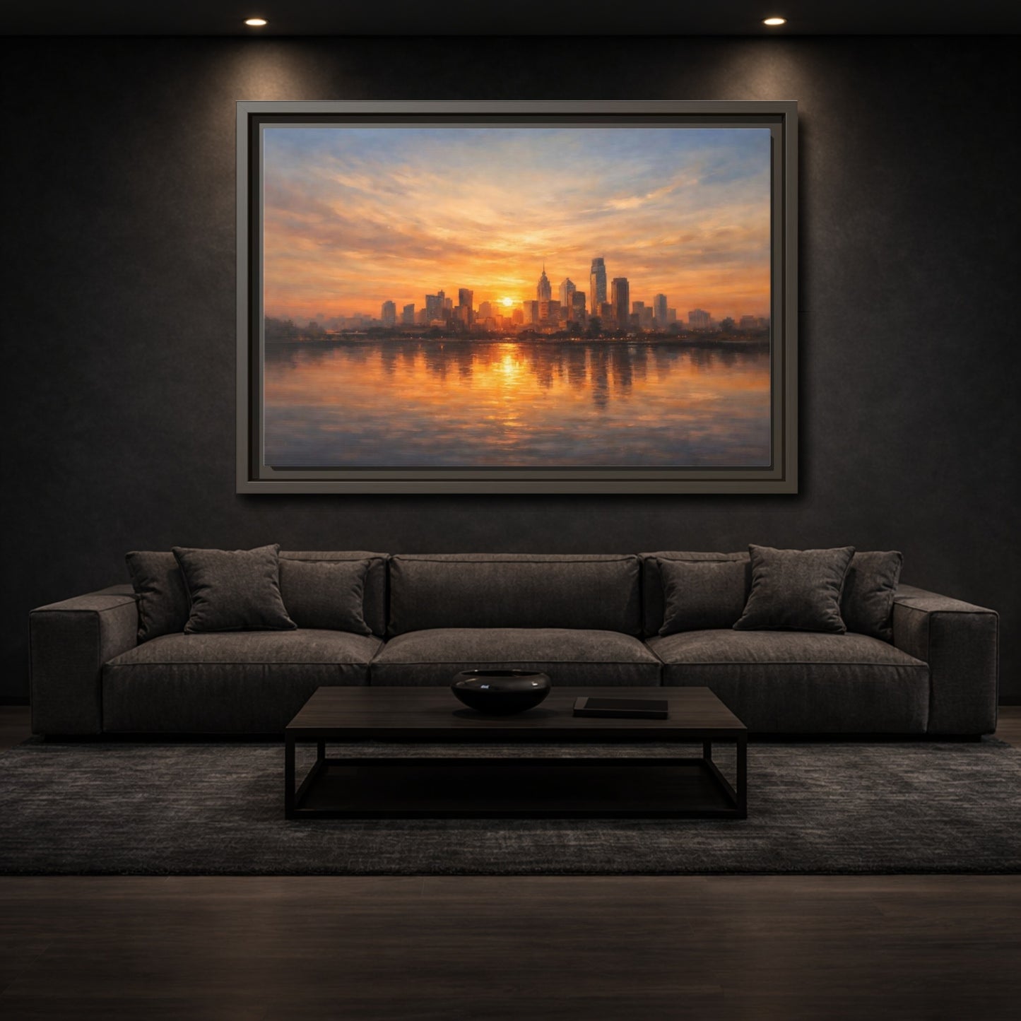 Mockup 2. Vintage City Skyline Golden Cityscape shown as stretched canvas wall art