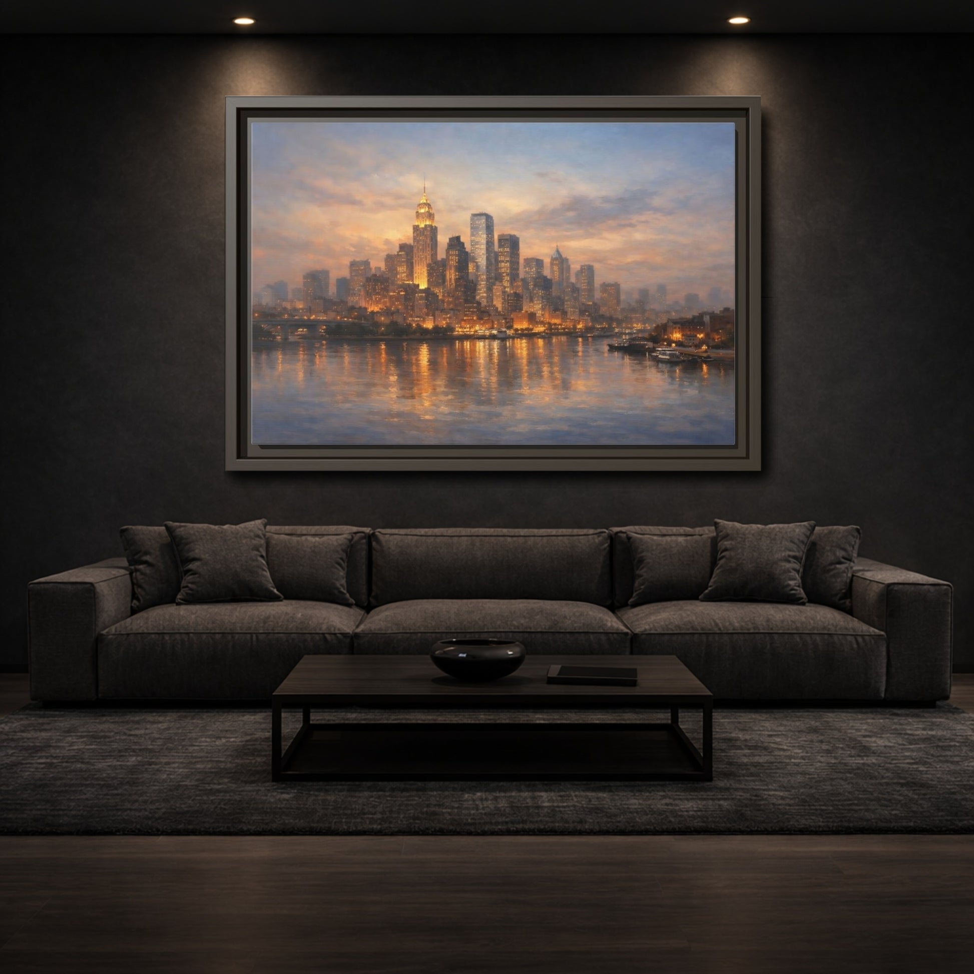 Mockup 2. Vintage City Skyline Golden Cityscape shown as stretched canvas wall art